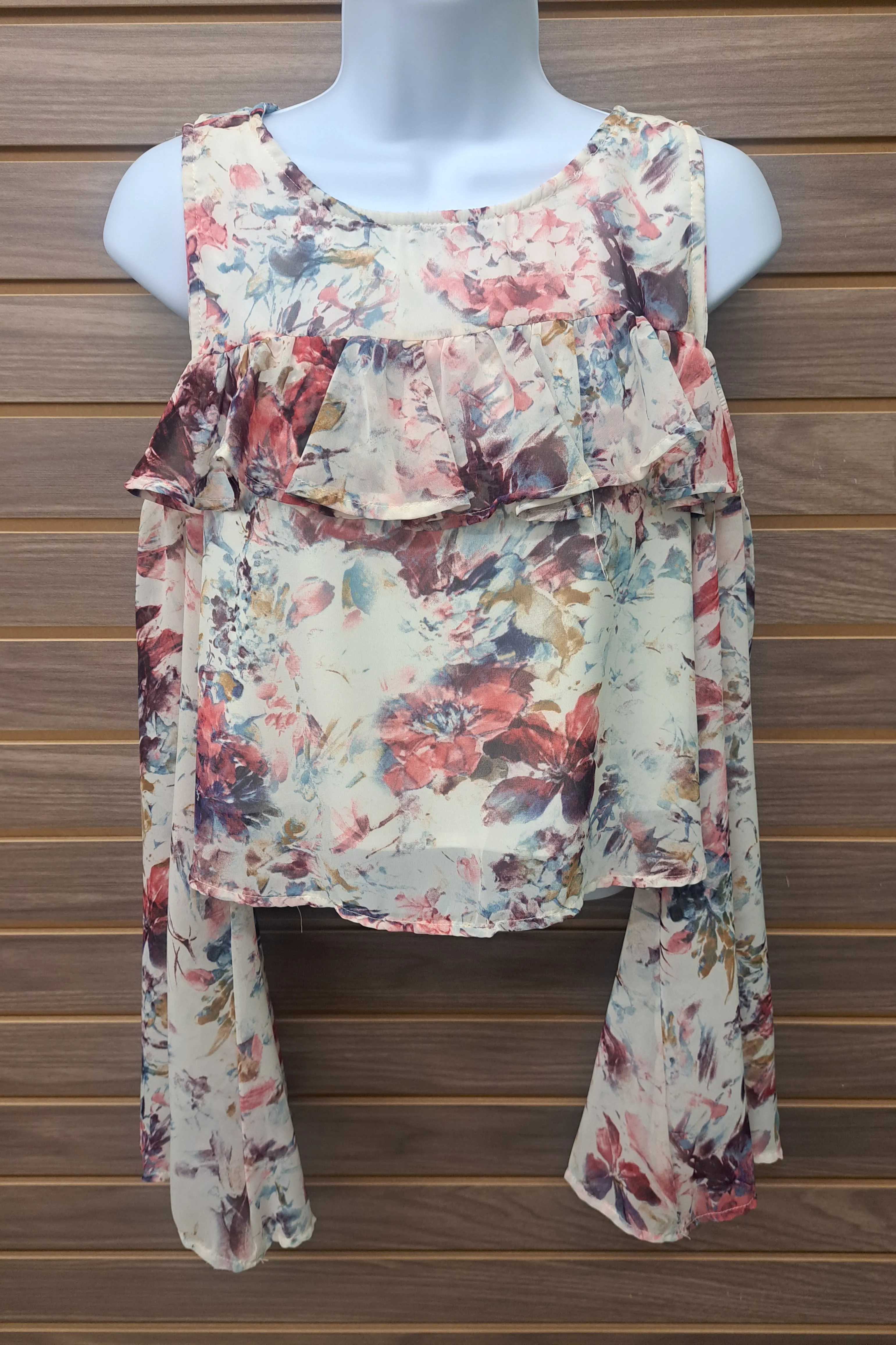 Bell sleeve floral cold shoulder 1 button back