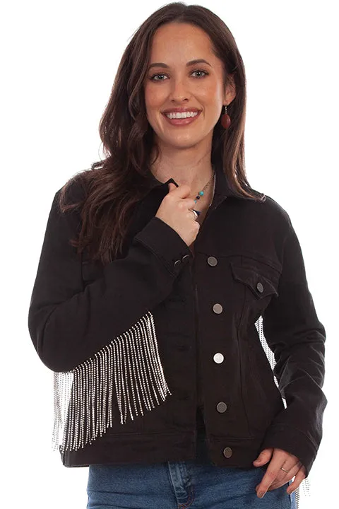 Black Denim Jacket with Rhinestone Fringe at Bourbon Cowgirl