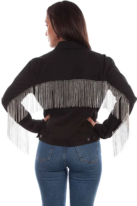 Black Denim Jacket with Rhinestone Fringe at Bourbon Cowgirl