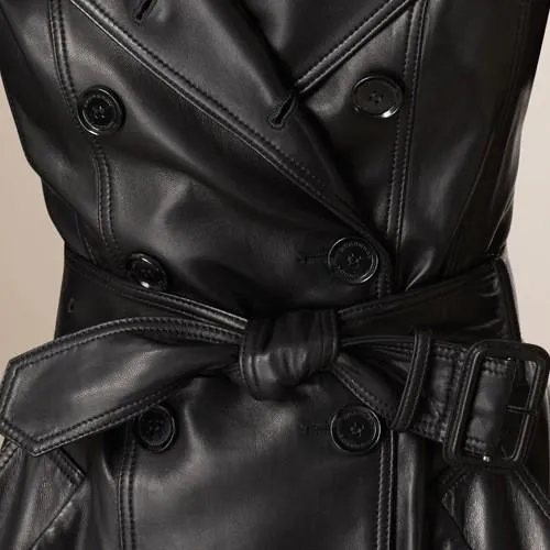 Black Genuine Leather Double-Breasted Trench Coat