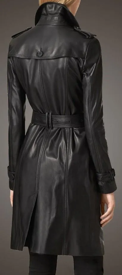 Black Genuine Leather Double-Breasted Trench Coat