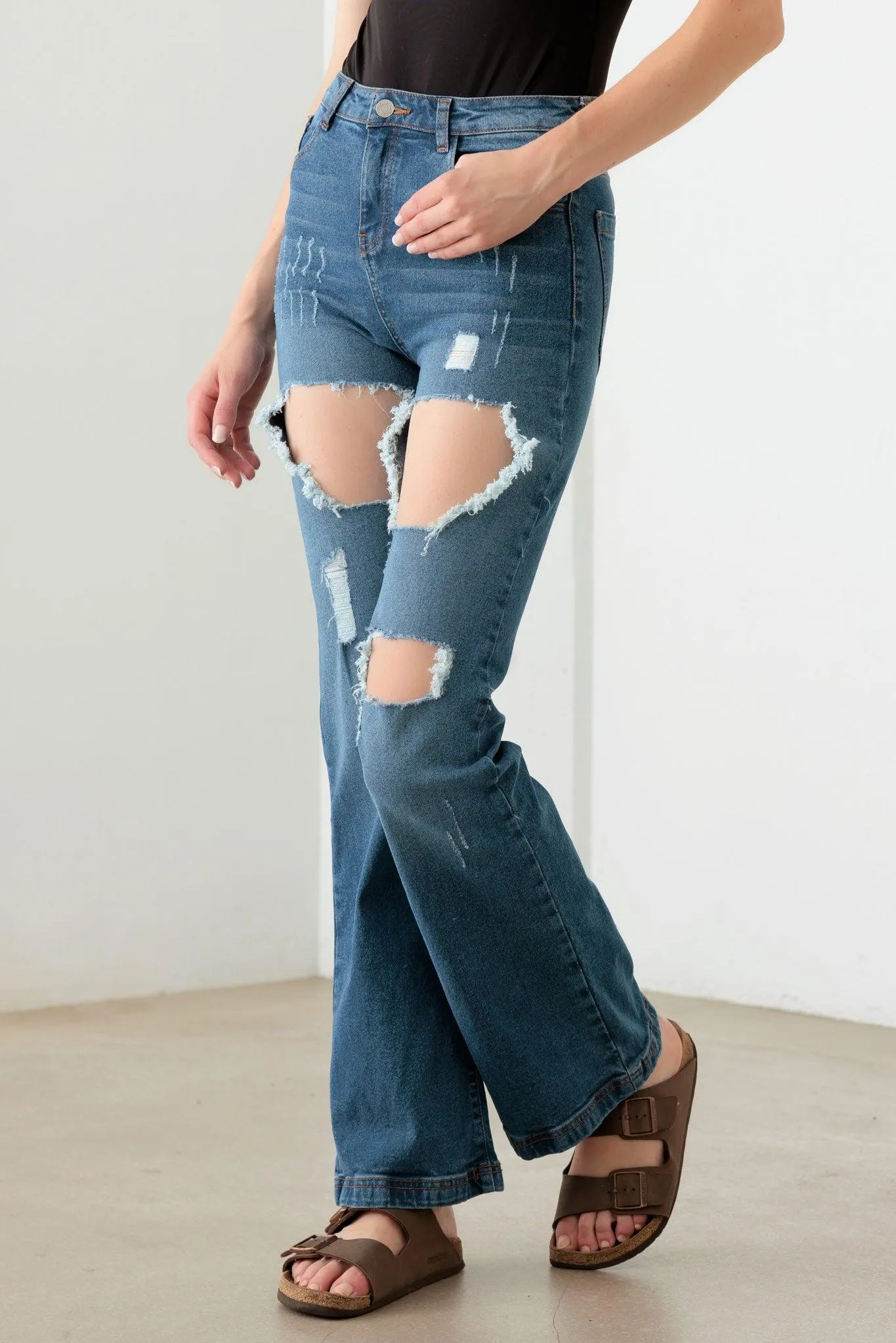 Blue Casual High-Rise Distressed Flared Jeans