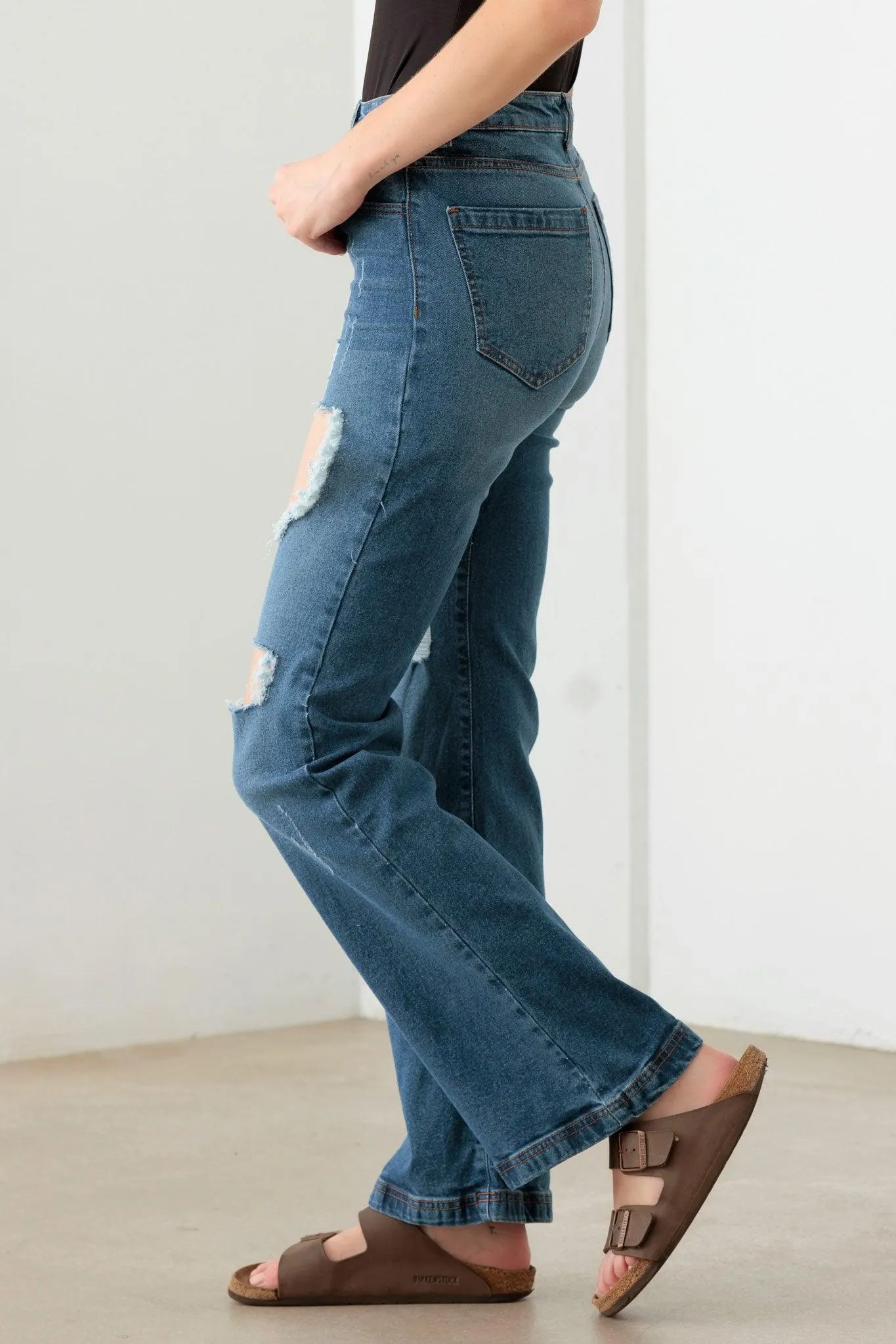 Blue Casual High-Rise Distressed Flared Jeans