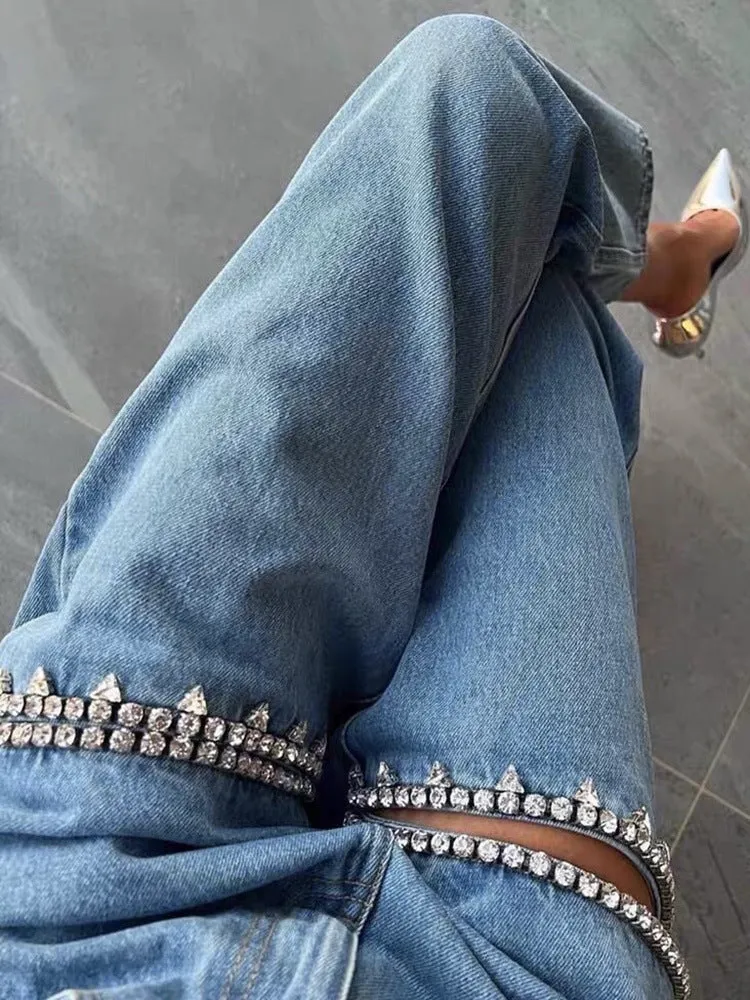 Blue Ripped Straight-Leg Jeans