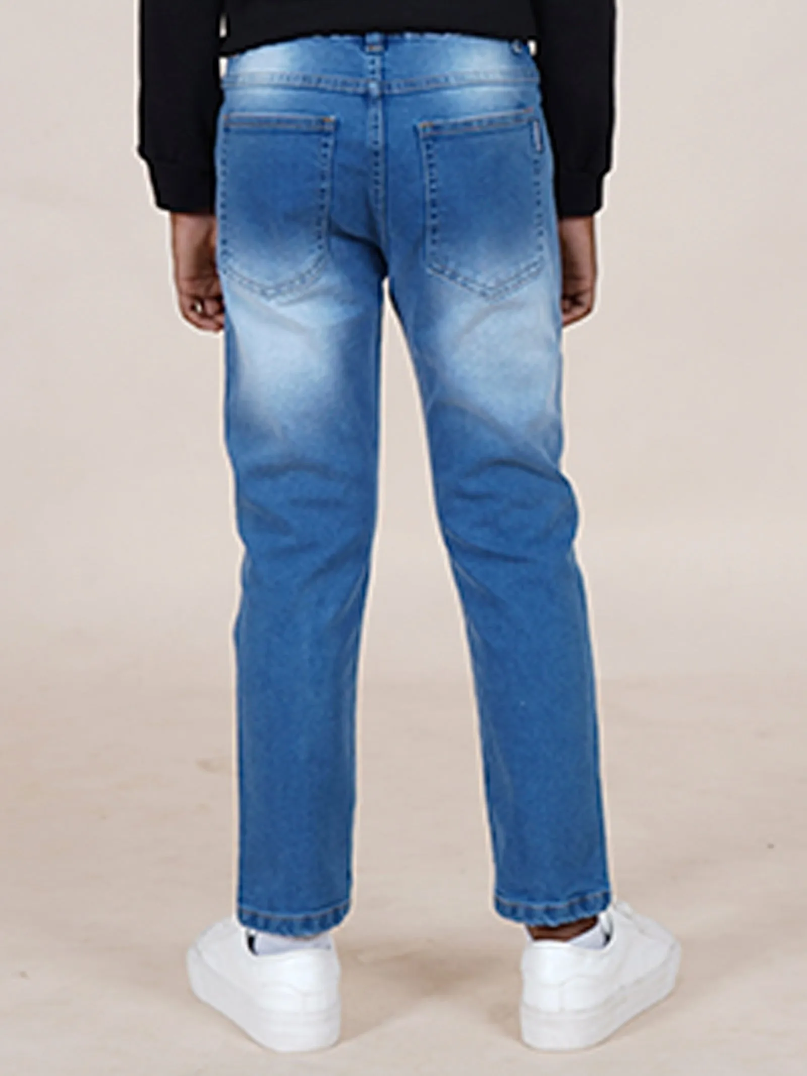 Boys Full Length Patch Denim Jeans With Text Print & Elasticated Waistband