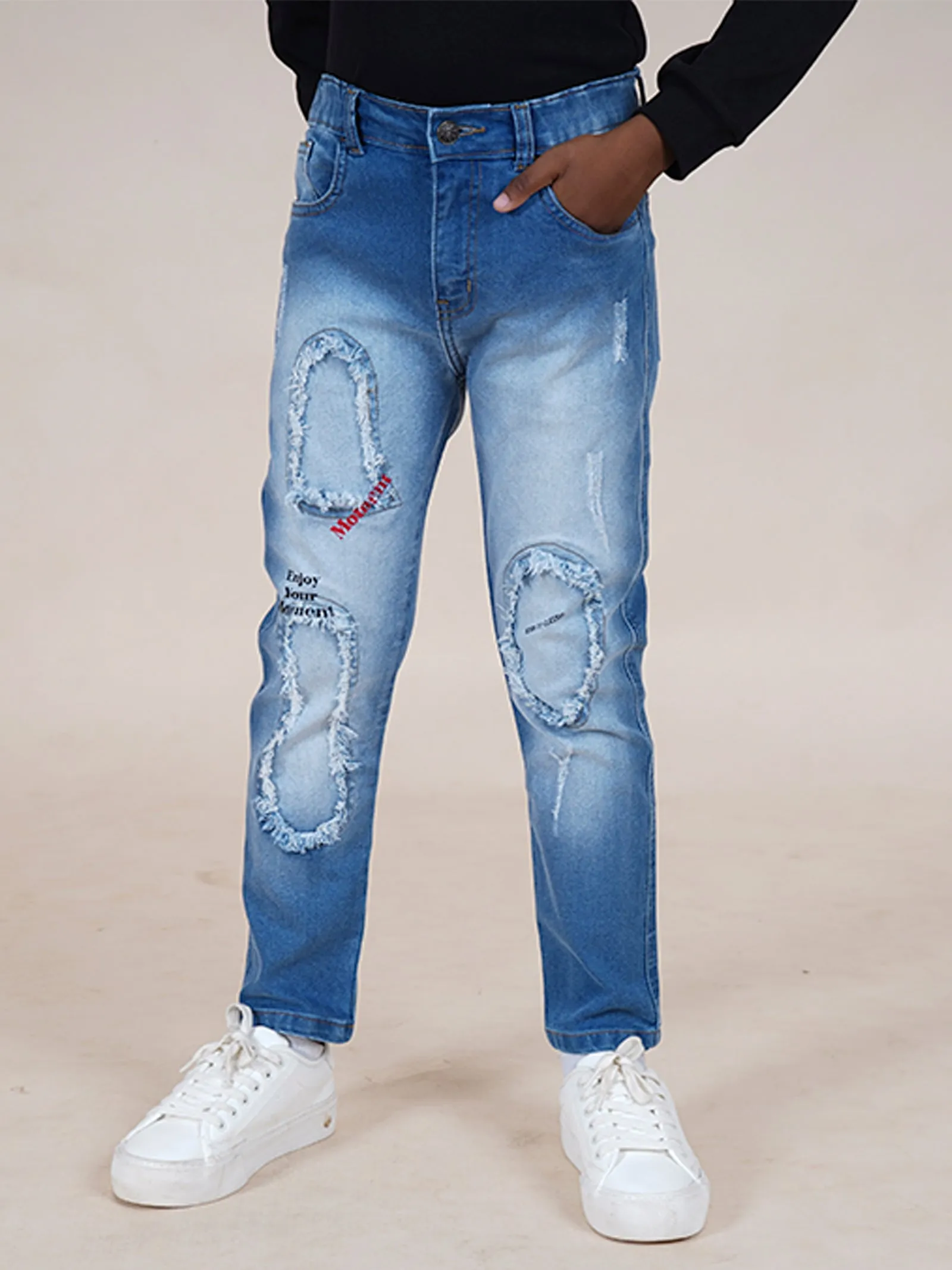 Boys Full Length Patch Denim Jeans With Text Print & Elasticated Waistband