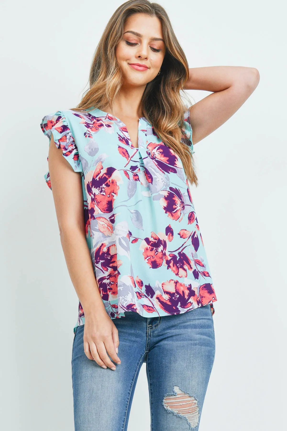 CAP RUFFLE SLEEVE NOTCH NECK BOLD FLORAL TOP 1-2-2-2