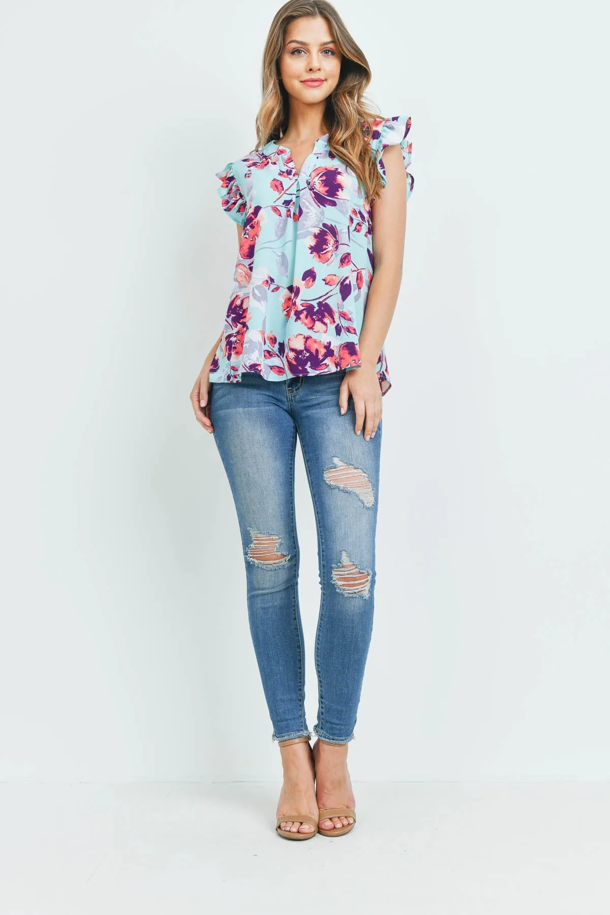 CAP RUFFLE SLEEVE NOTCH NECK BOLD FLORAL TOP 1-2-2-2