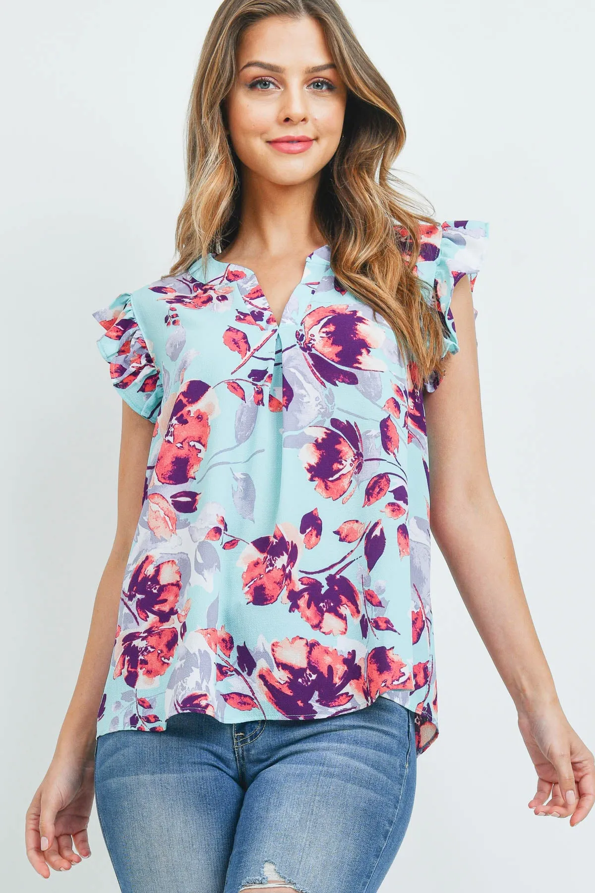 CAP RUFFLE SLEEVE NOTCH NECK BOLD FLORAL TOP 1-2-2-2