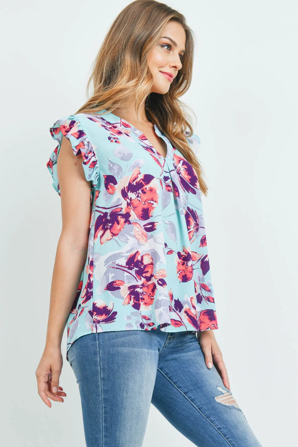 CAP RUFFLE SLEEVE NOTCH NECK BOLD FLORAL TOP 1-2-2-2