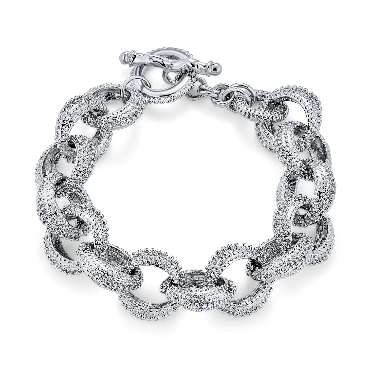 Chunky Chain Link Bracelet with Large Oval Links Toggle Clasp Matte SilverGold