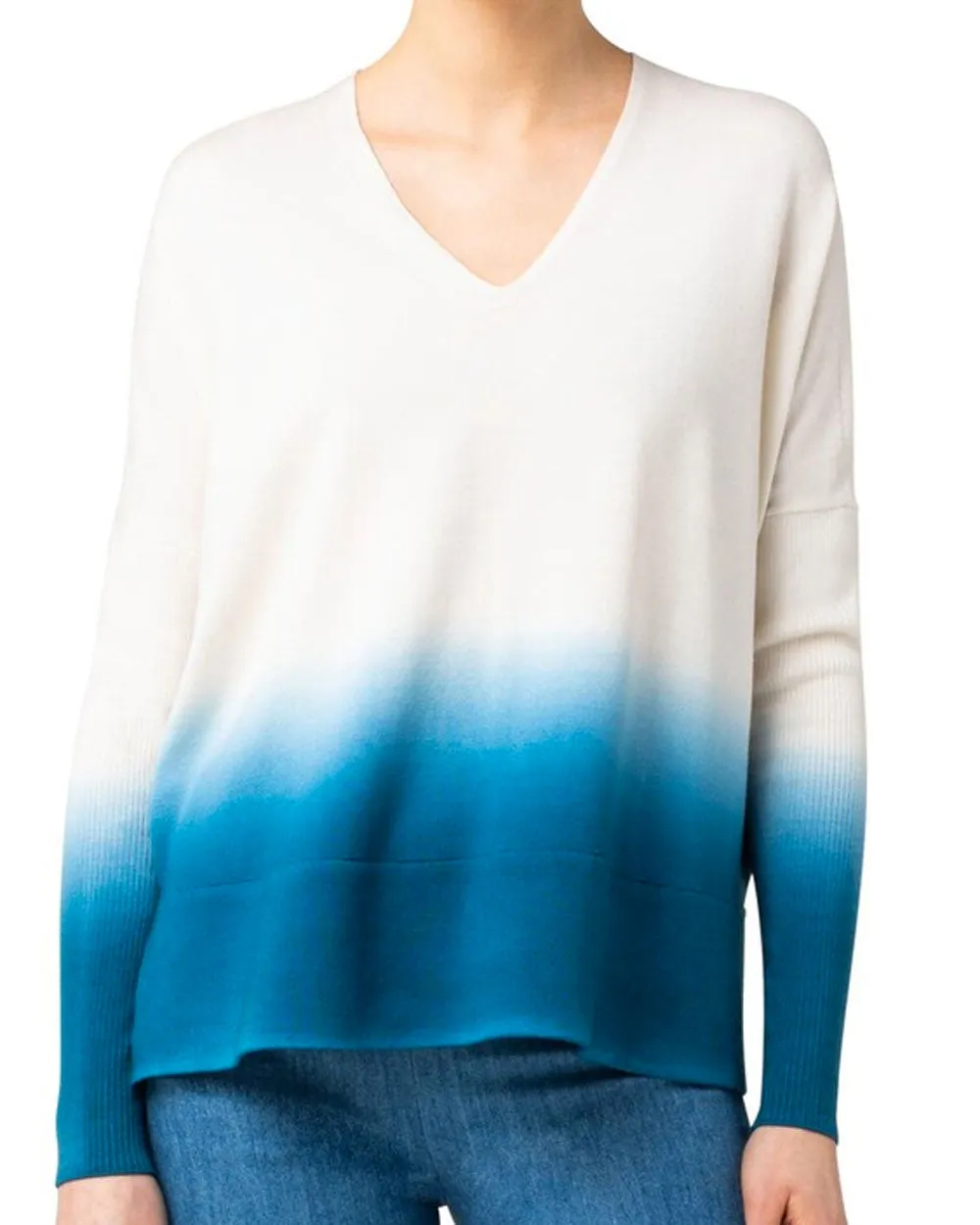 Cream and Blue Dip Dye V-Neck Sweater