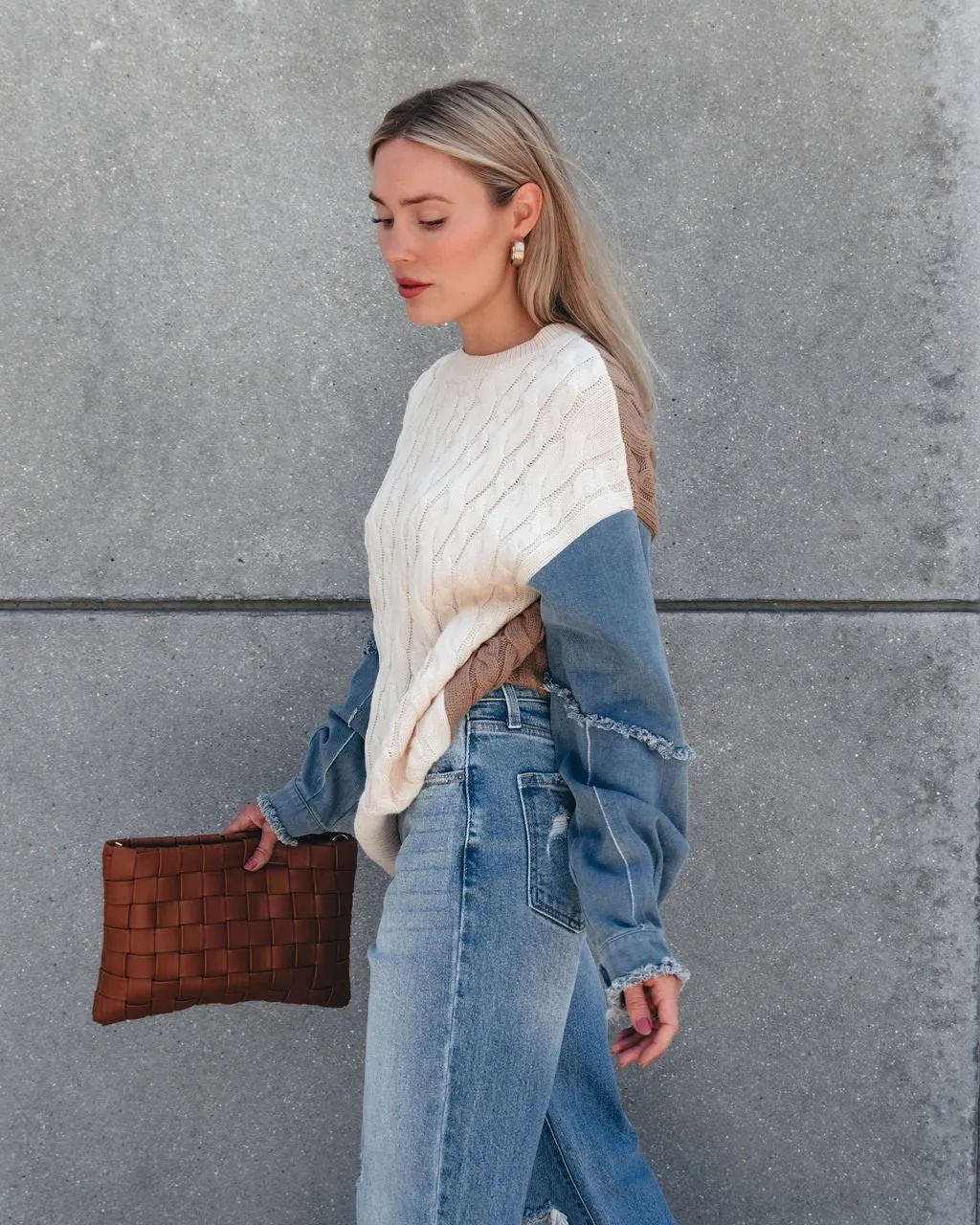 Cream Denim Cable Knit Sweater - FINAL SALE