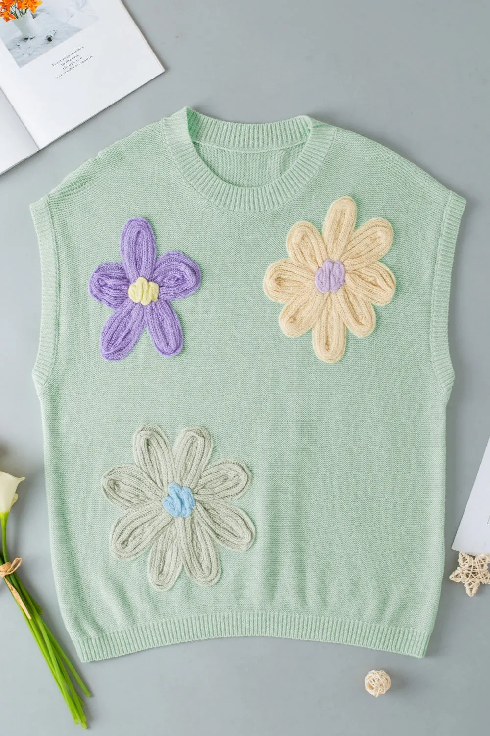 Crochet Flower Round Neck Sweater Vest - 3 Colors