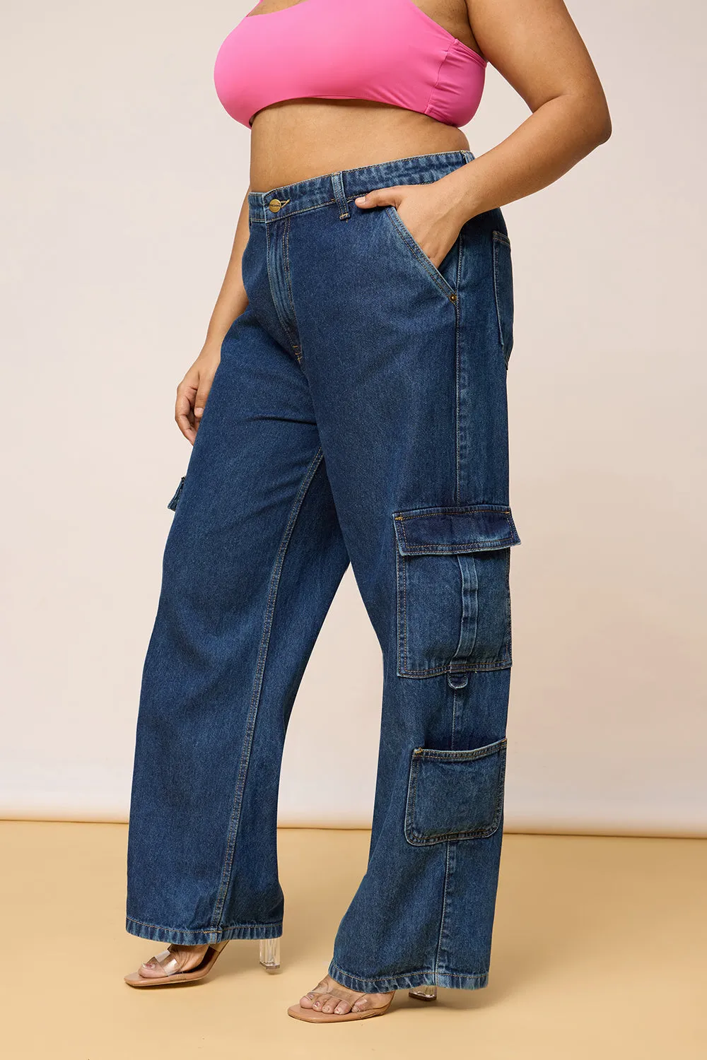 Curved Blue Denim Cargo Jeans