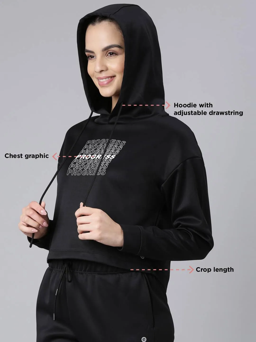 Enamor Women's Polyester Hooded Neck Sweatshirt (A905_Black-Progress Graphic