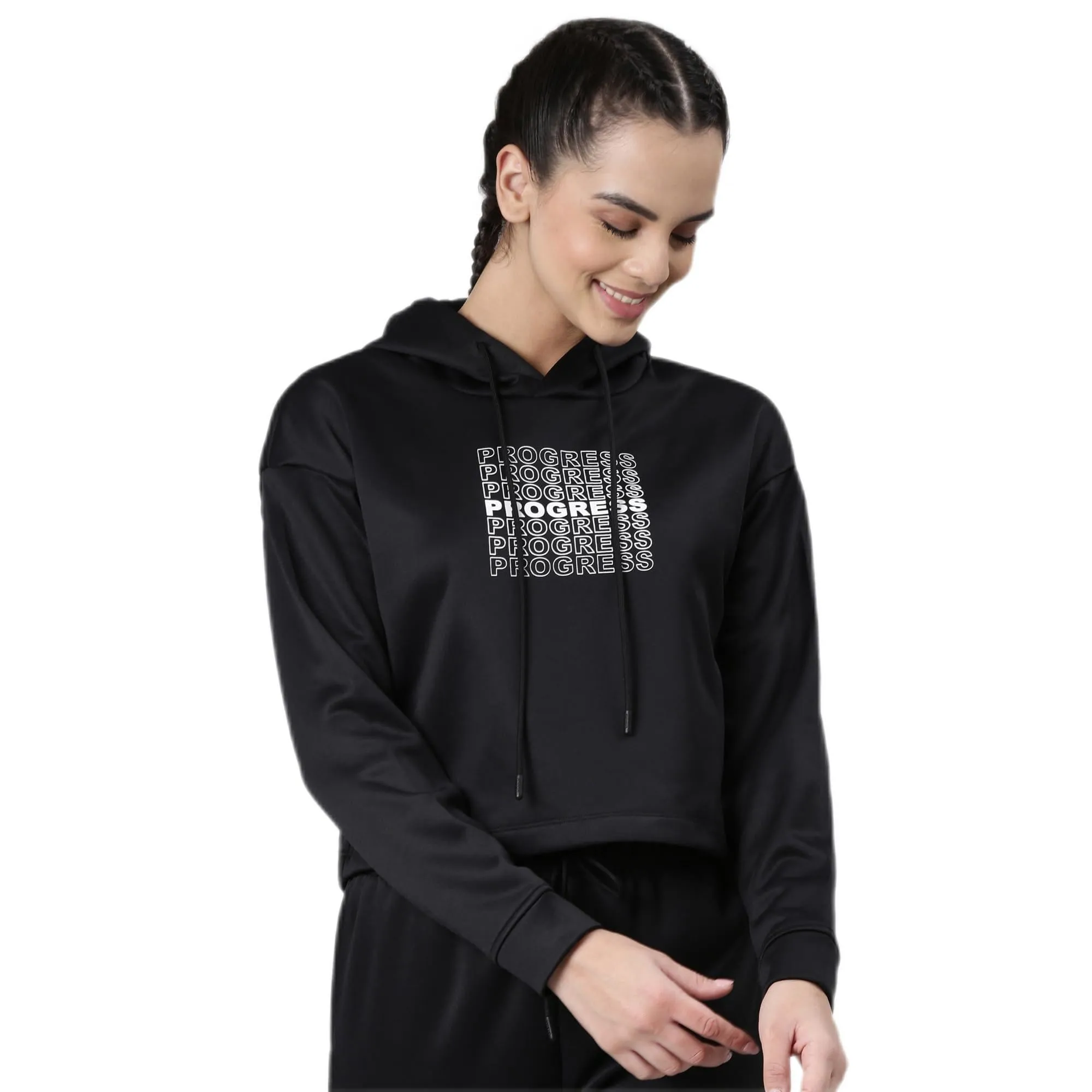 Enamor Women's Polyester Hooded Neck Sweatshirt (A905_Black-Progress Graphic