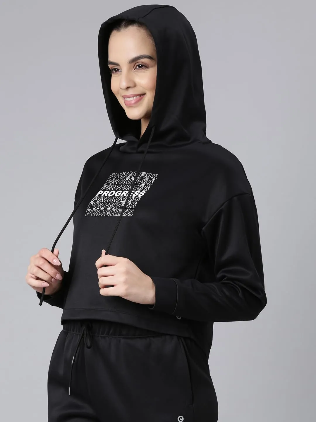 Enamor Women's Polyester Hooded Neck Sweatshirt (A905_Black-Progress Graphic