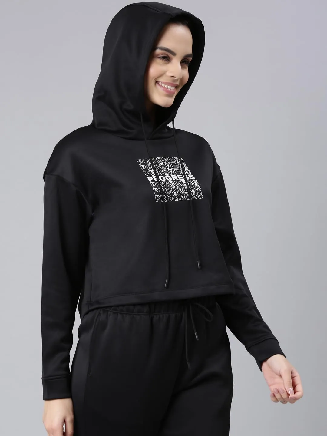 Enamor Women's Polyester Hooded Neck Sweatshirt (A905_Black-Progress Graphic