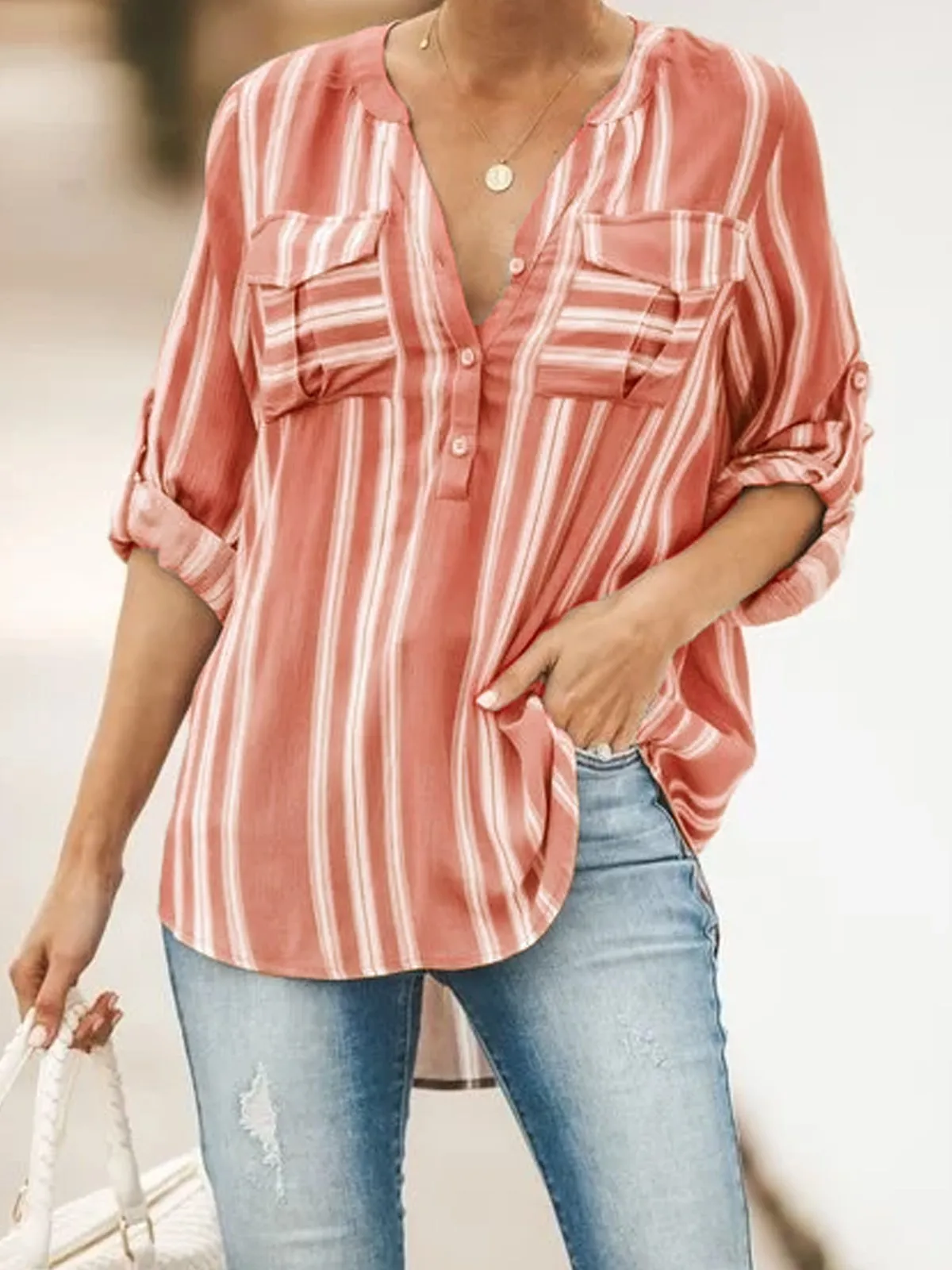 Fashion casual striped stand collar pocket cuff length two wear ladies shirt