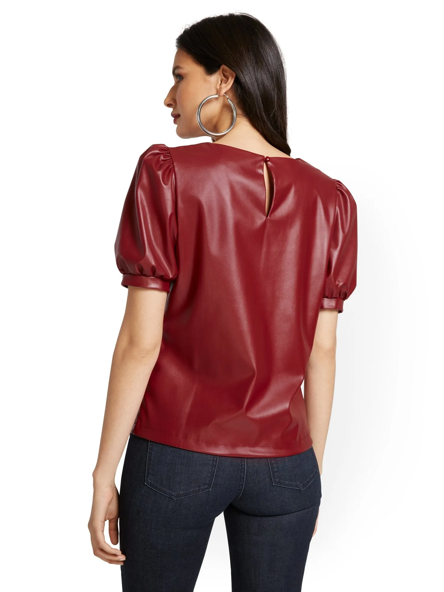 Faux-Leather Puff-Sleeve Blouse