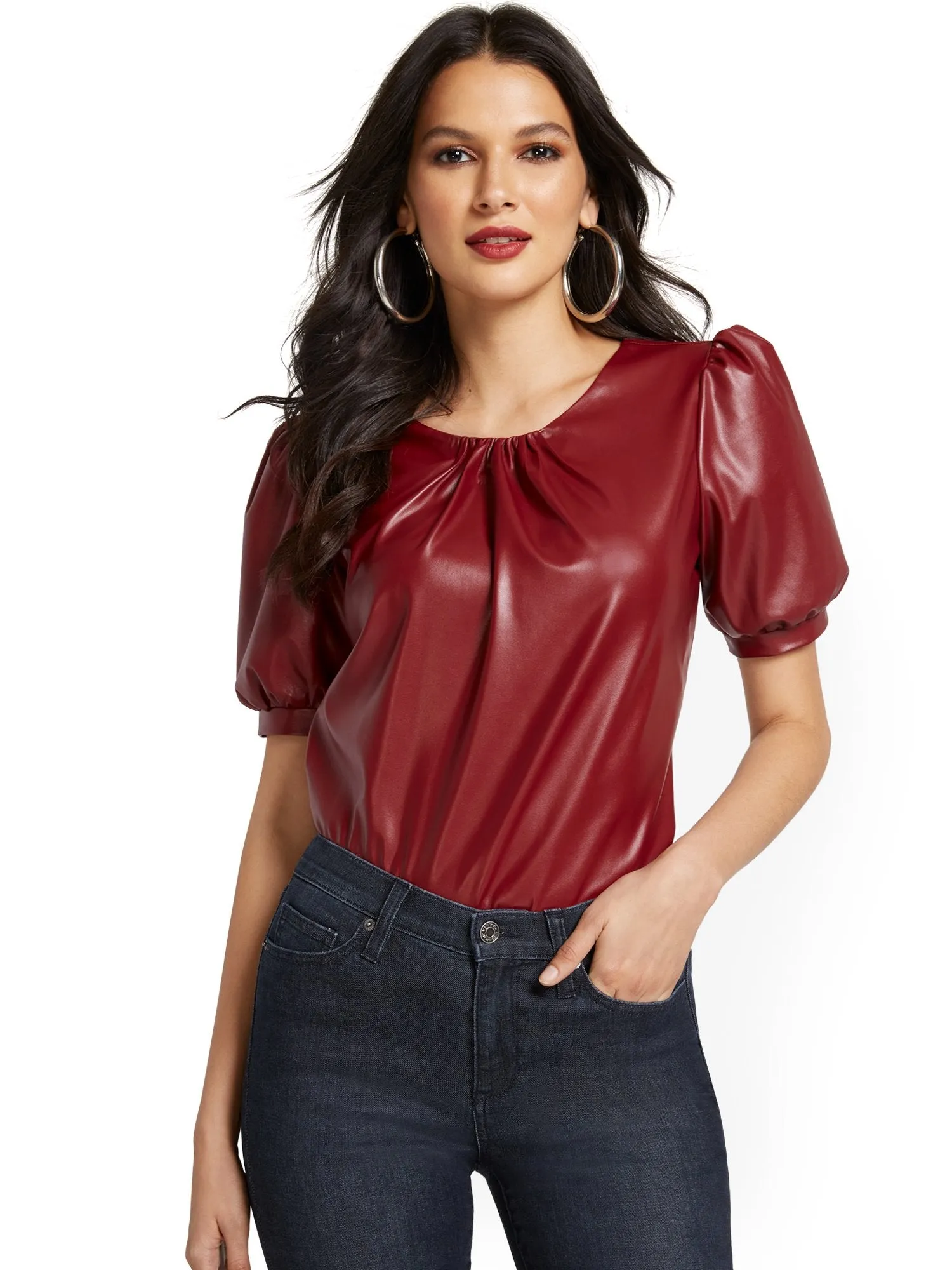 Faux-Leather Puff-Sleeve Blouse