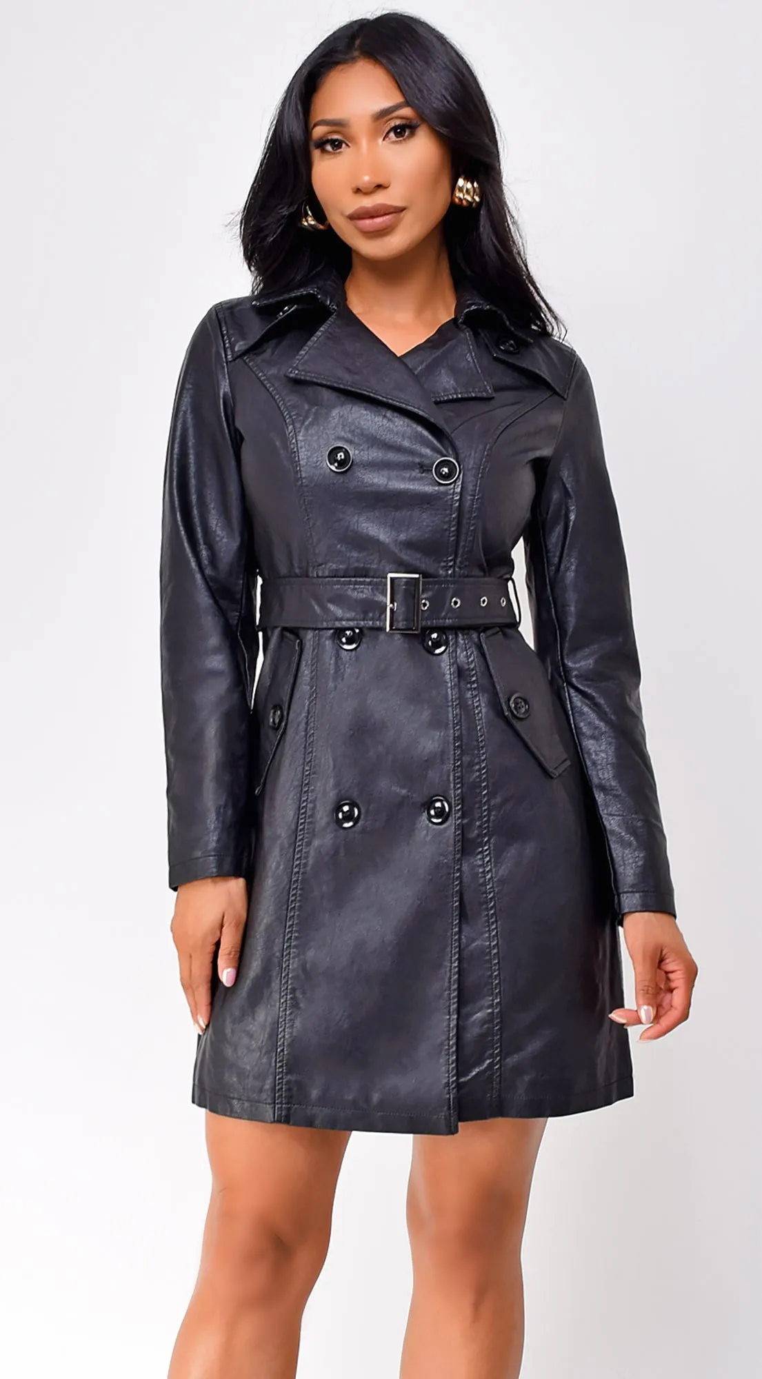 Finland Faux Leather Trench Coat - Black