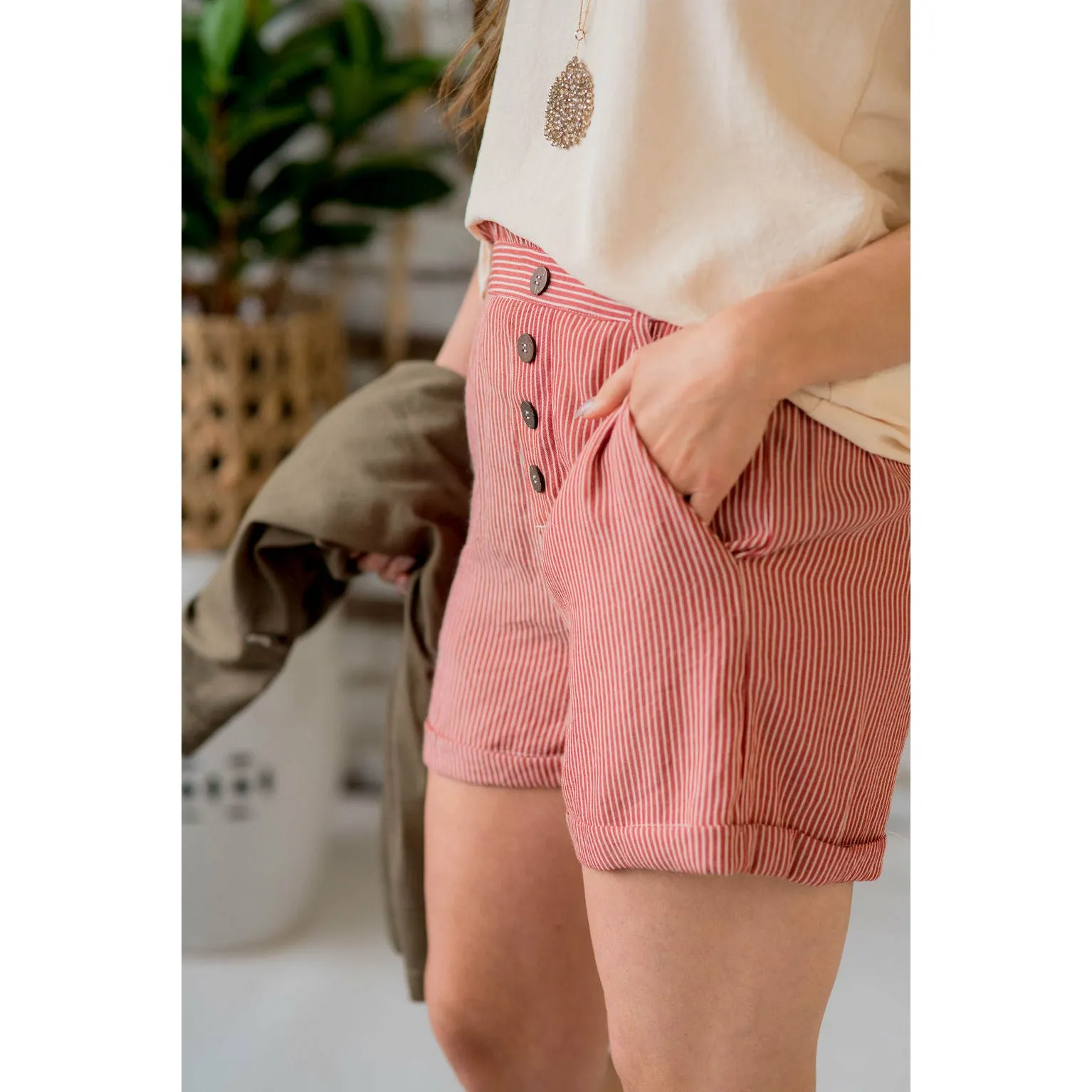 Four Button Striped Paper Bag Shorts