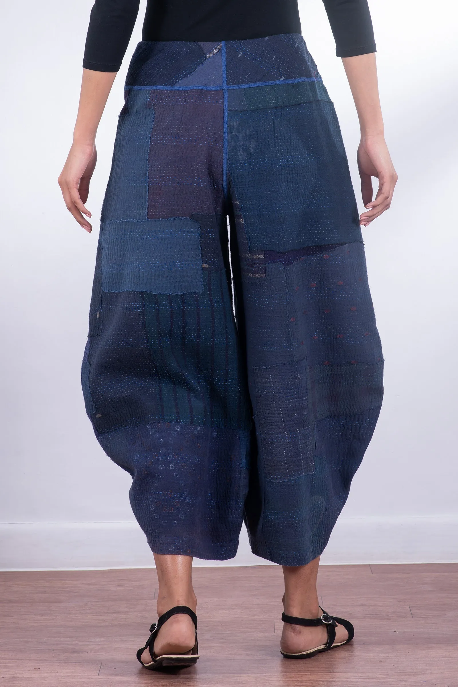 FRAYED PATCH KANTHA HAREM PANTS - fi2605-nvy -