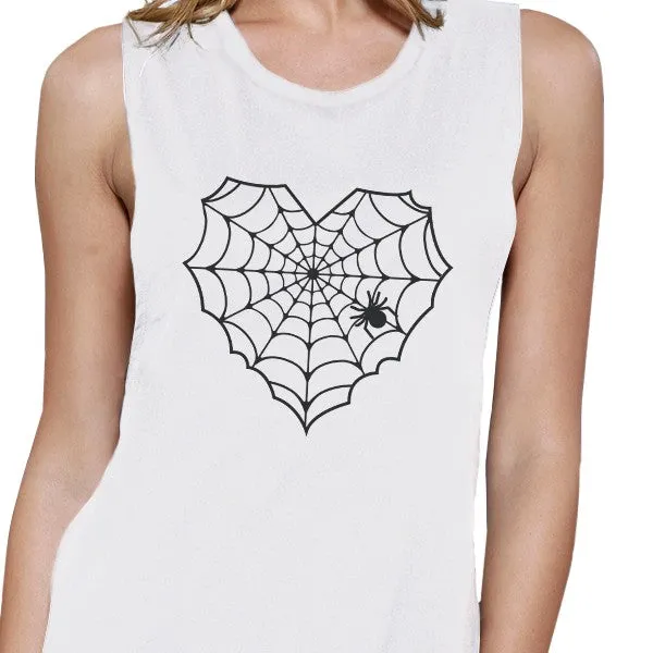 Heart Spider Web Womens White Muscle Top