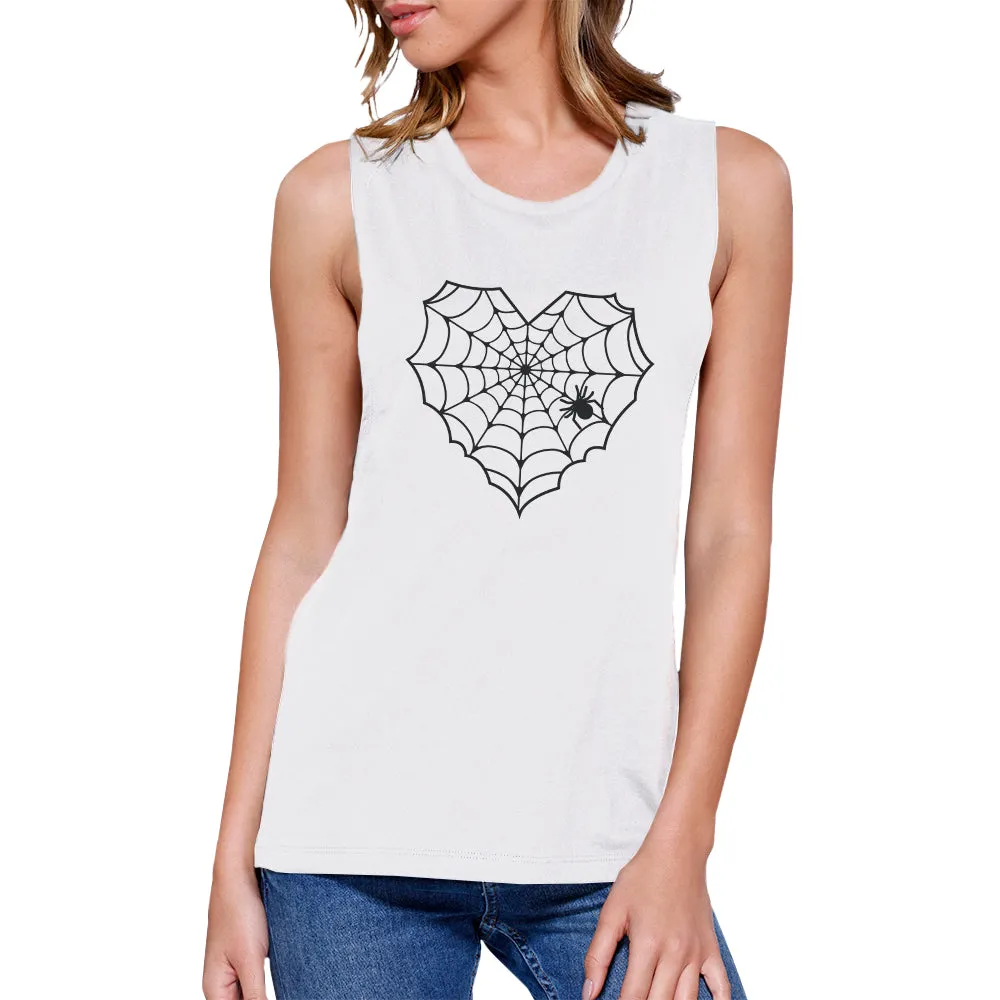 Heart Spider Web Womens White Muscle Top