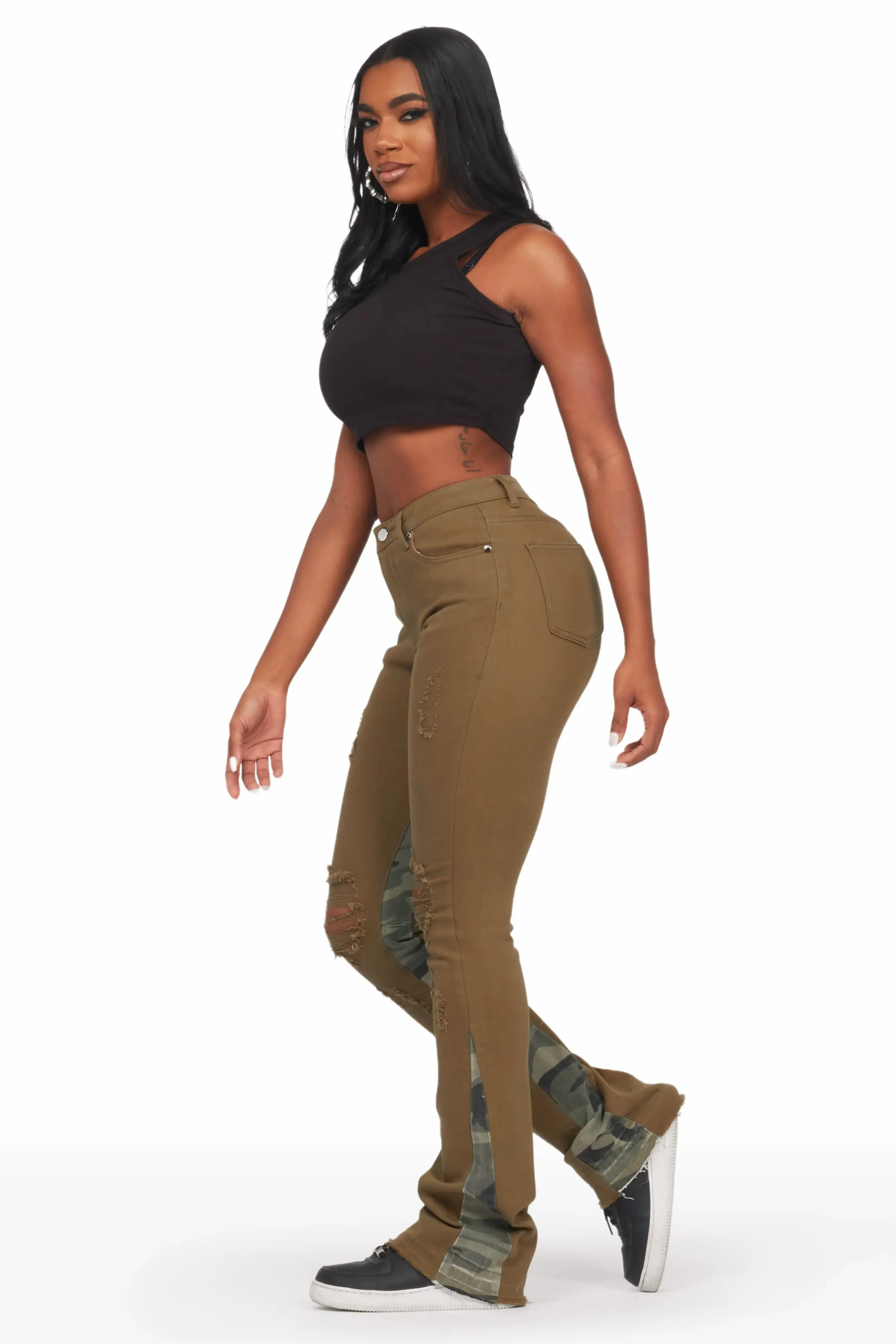 Khaleesy Olive Camo Stacked Flare Jean