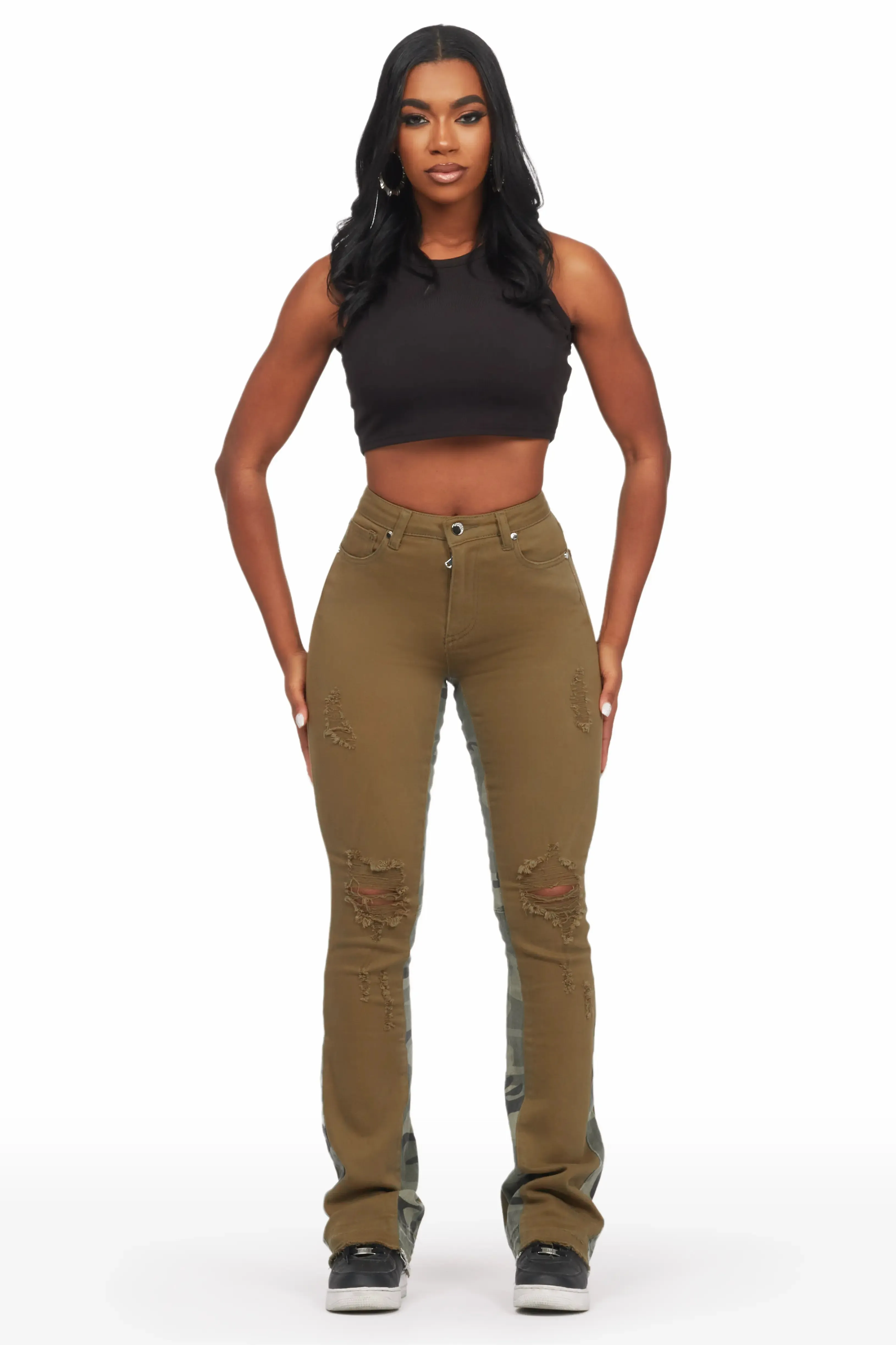 Khaleesy Olive Camo Stacked Flare Jean