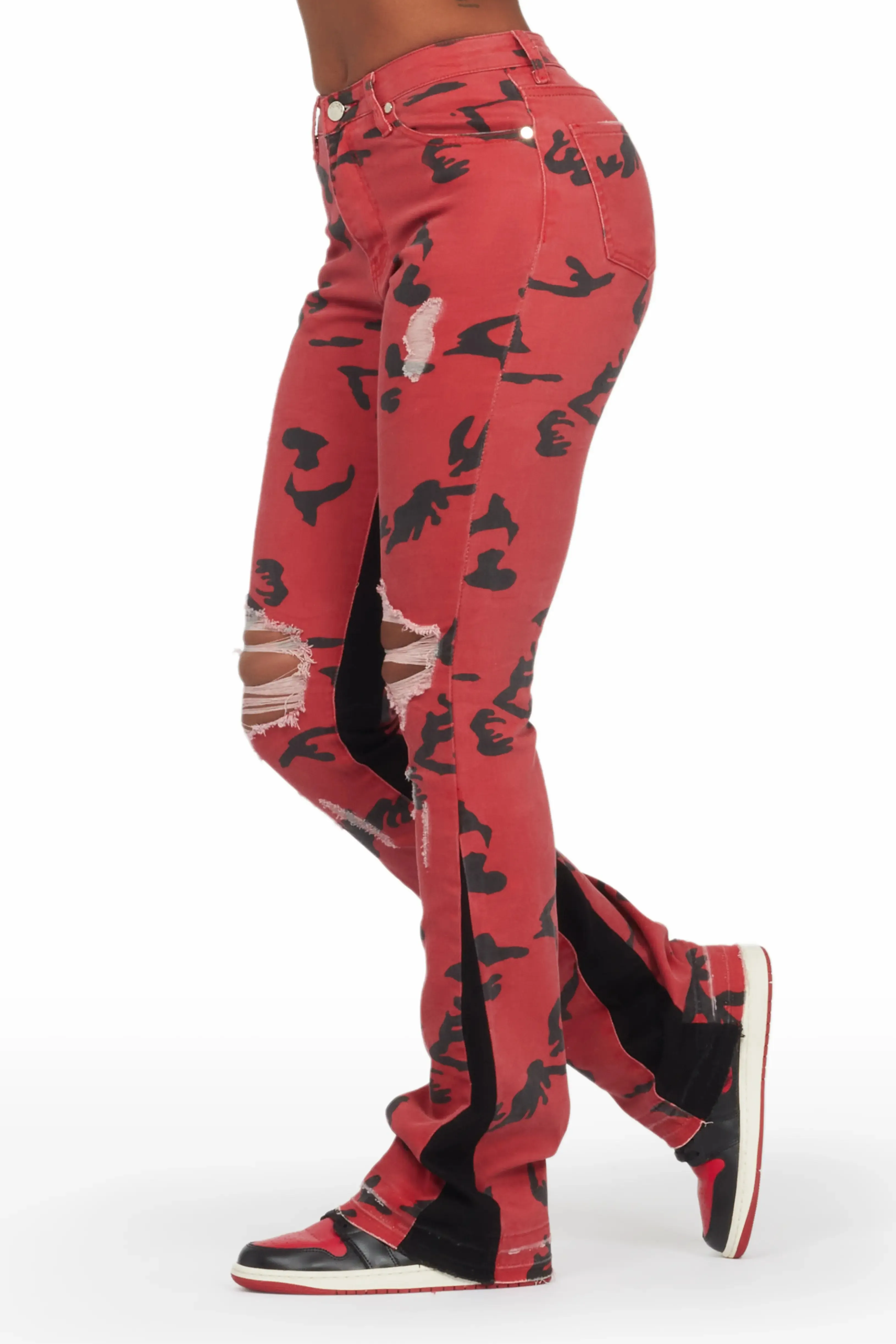 Khaleesy Red Camo Stacked Flare Jean