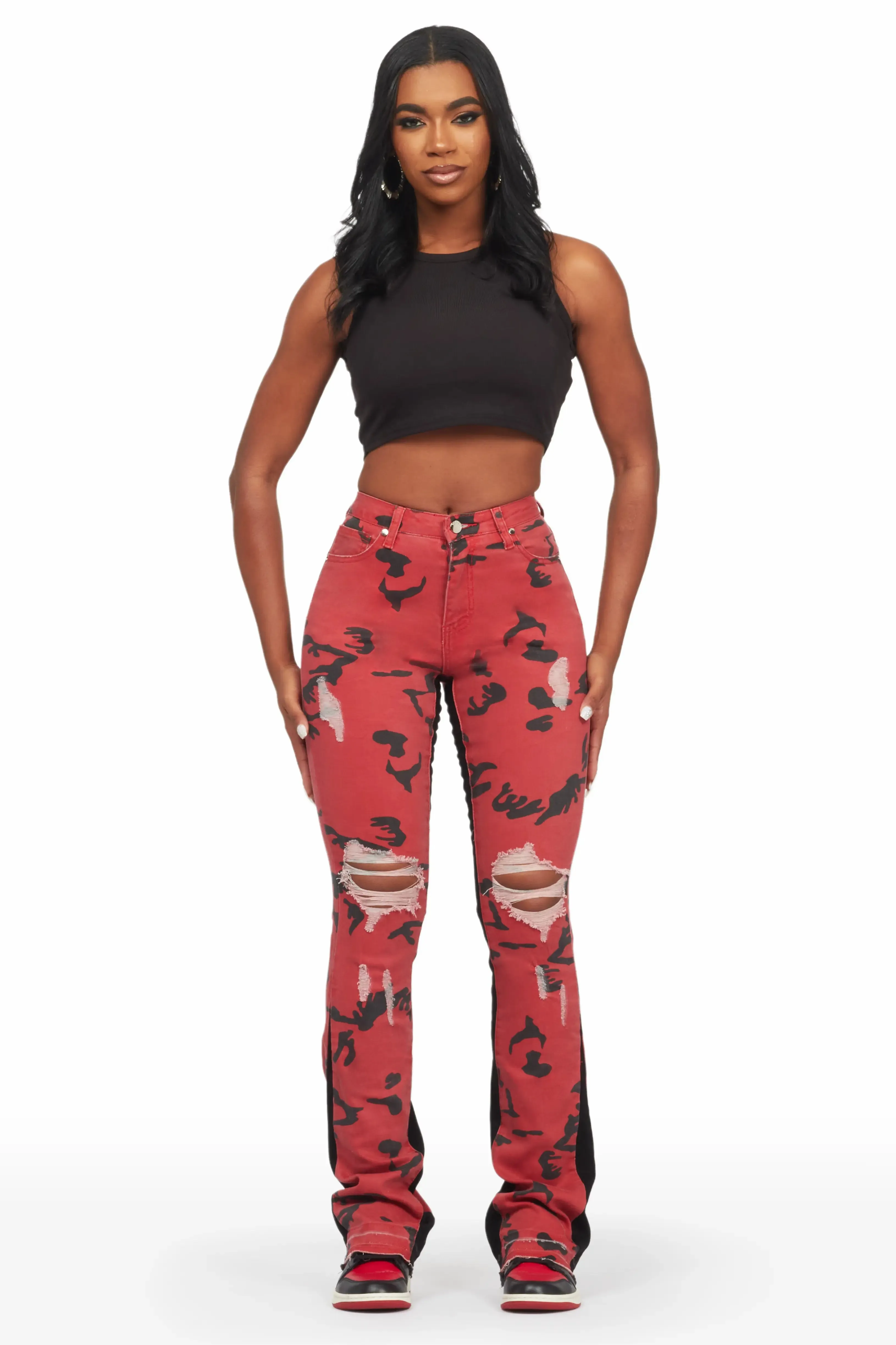 Khaleesy Red Camo Stacked Flare Jean