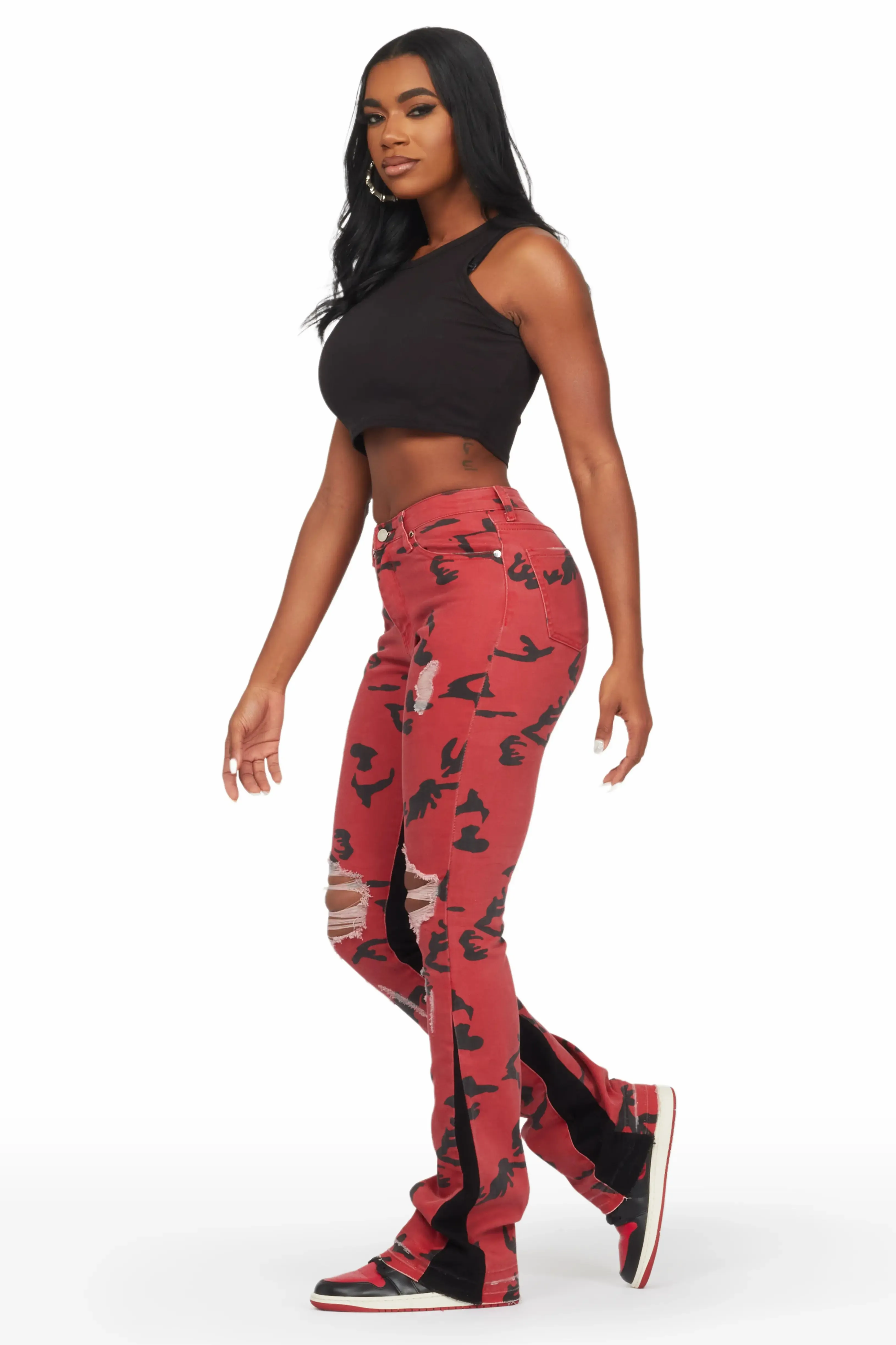 Khaleesy Red Camo Stacked Flare Jean