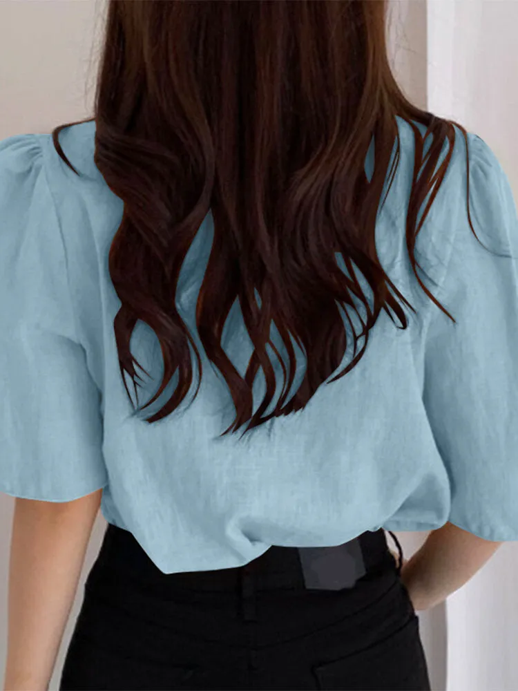 Leisure Solid V Neck Casual Cotton Blouse