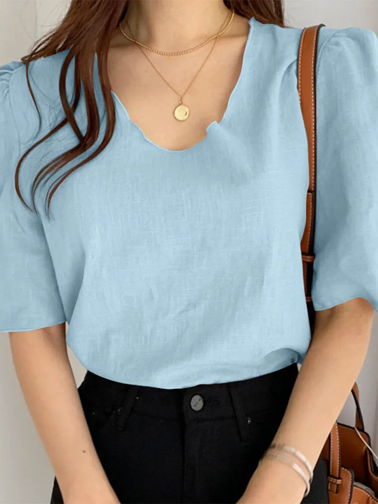 Leisure Solid V Neck Casual Cotton Blouse