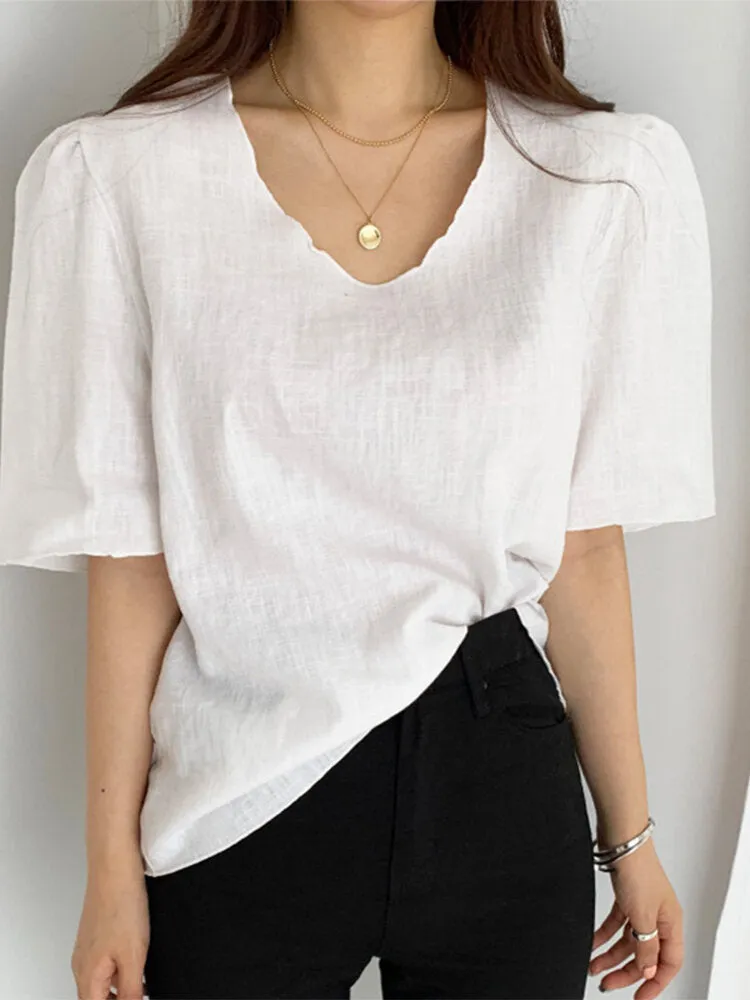 Leisure Solid V Neck Casual Cotton Blouse