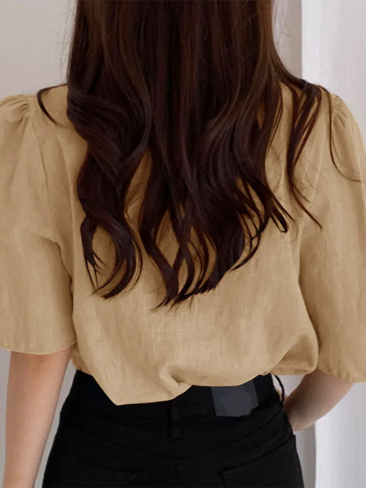 Leisure Solid V Neck Casual Cotton Blouse