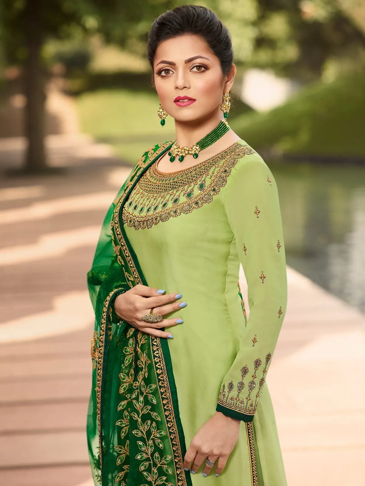 Light Green In Combination Traditional Embroidered Churidar Suit