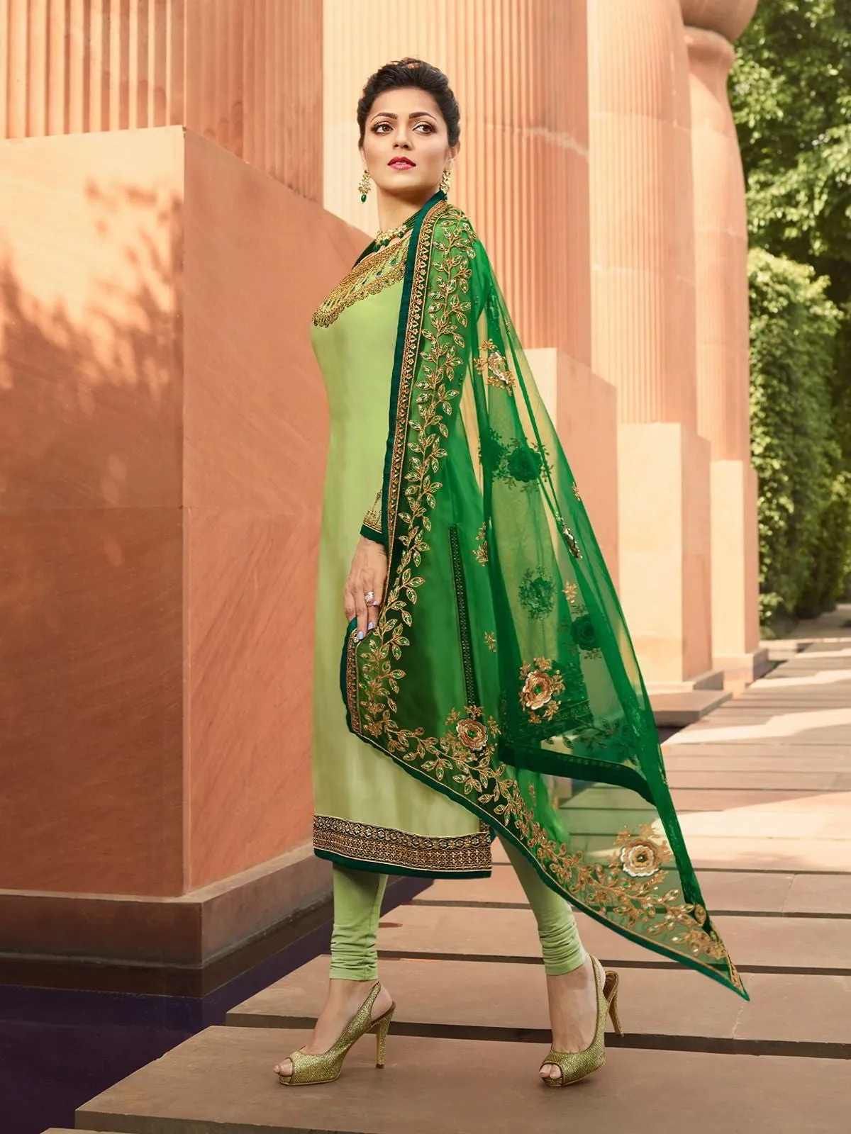 Light Green In Combination Traditional Embroidered Churidar Suit