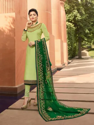 Light Green In Combination Traditional Embroidered Churidar Suit