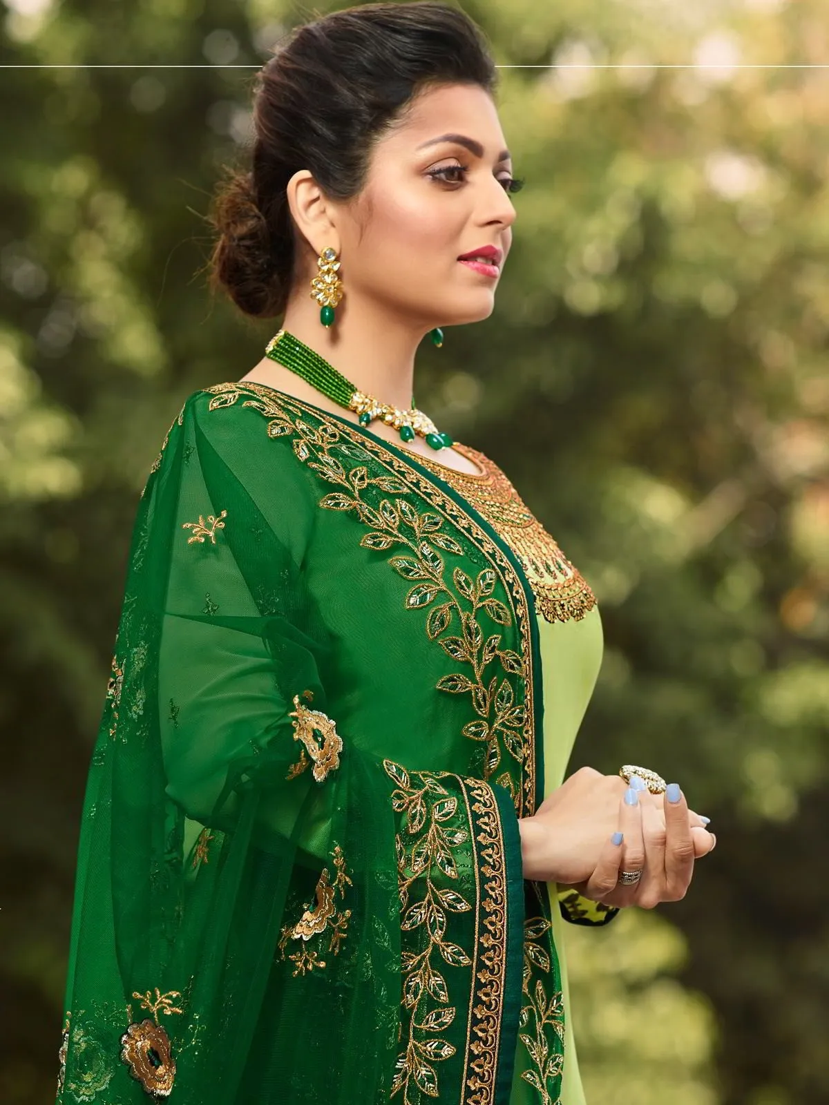 Light Green In Combination Traditional Embroidered Churidar Suit