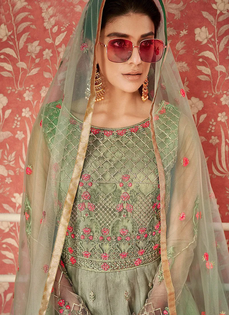 Light Green Multi Embroidered Indian Anarkali Suit