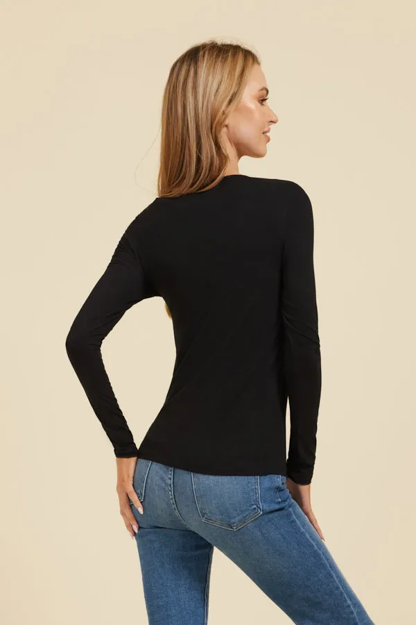 Majestic Soft Touch Long Sleeve Merrow Edge V-Neck in Noir