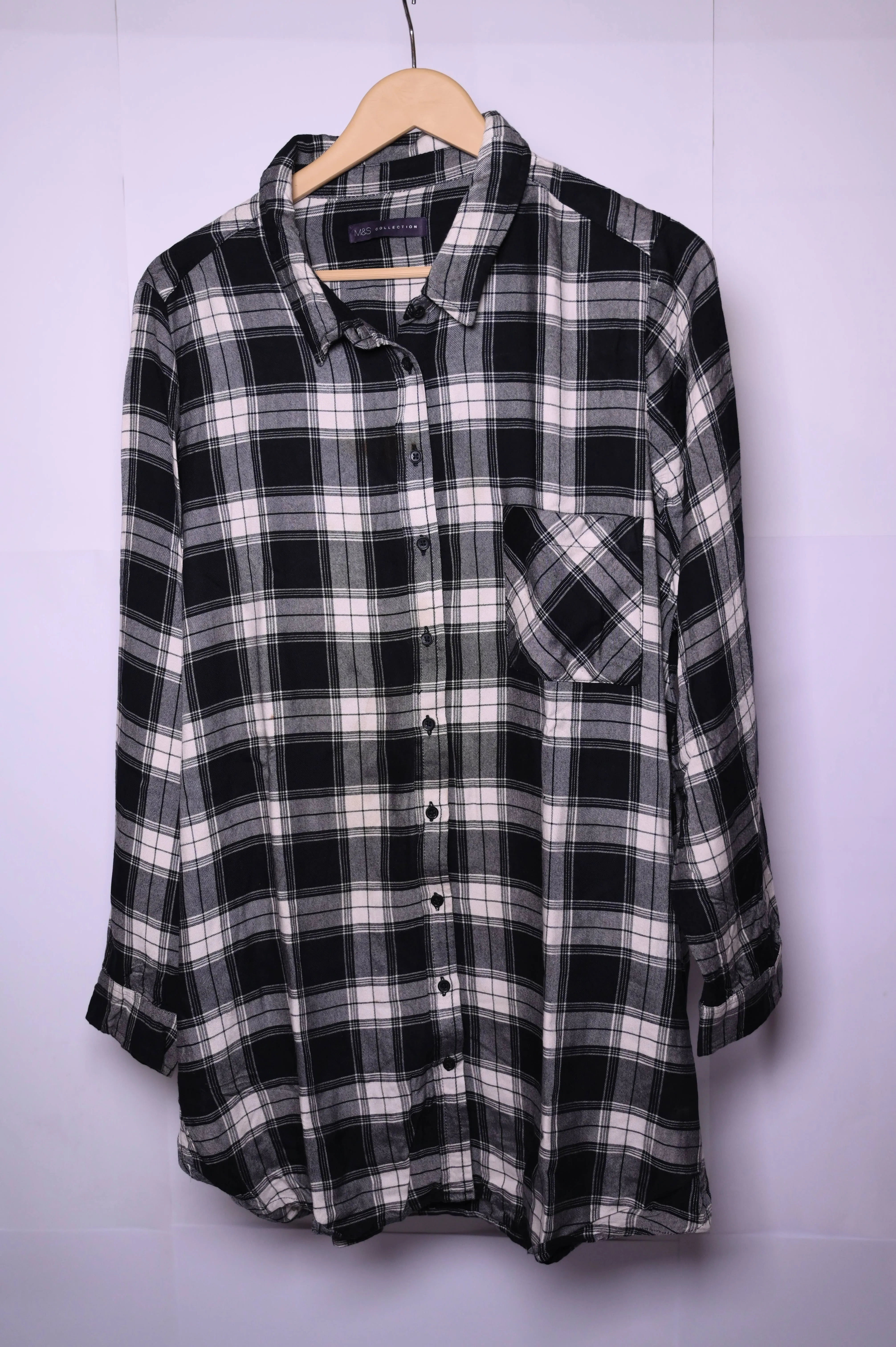 M&S XL Black and White Check Button-Down Blouse