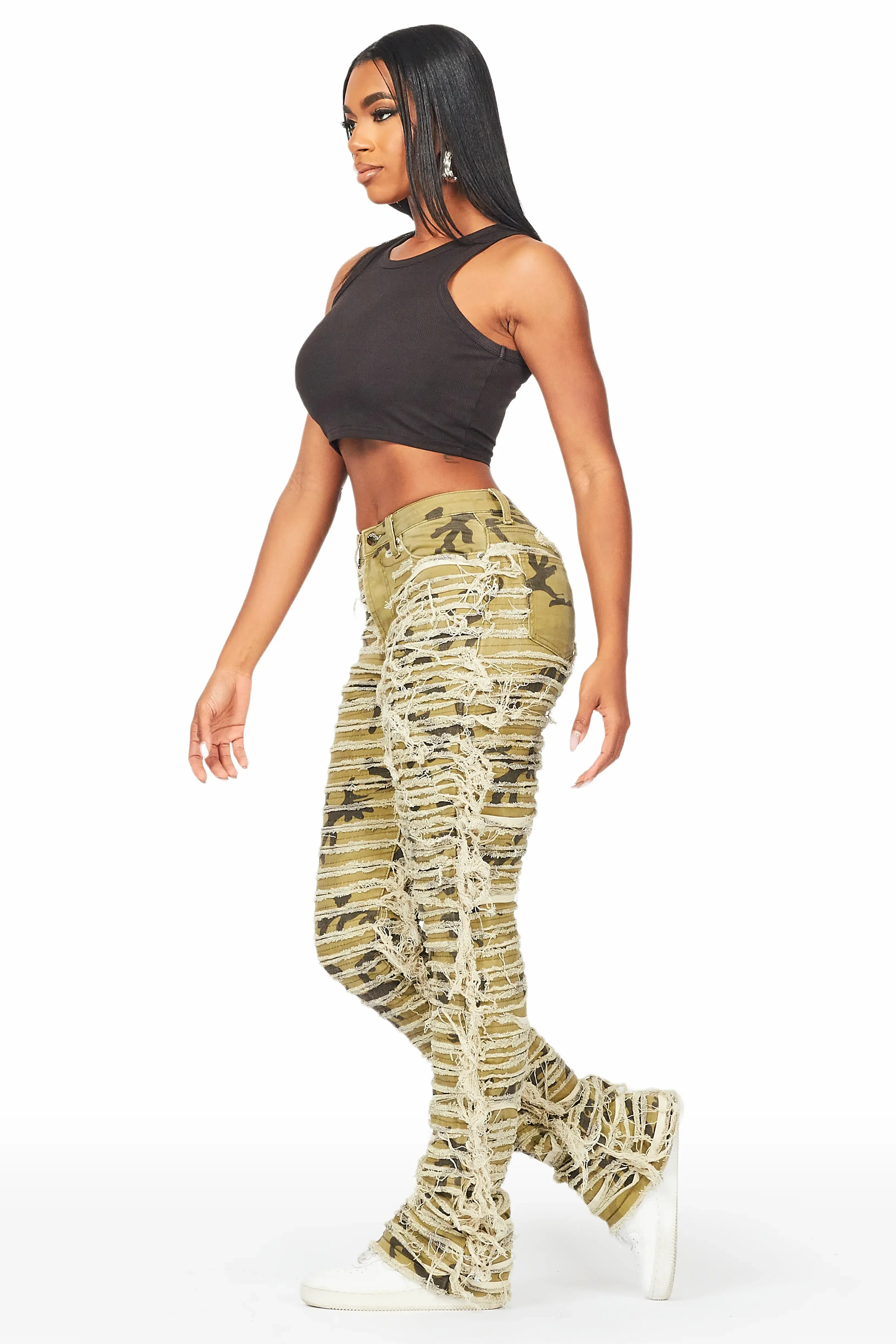 Melany Olive Stacked Flared Jean