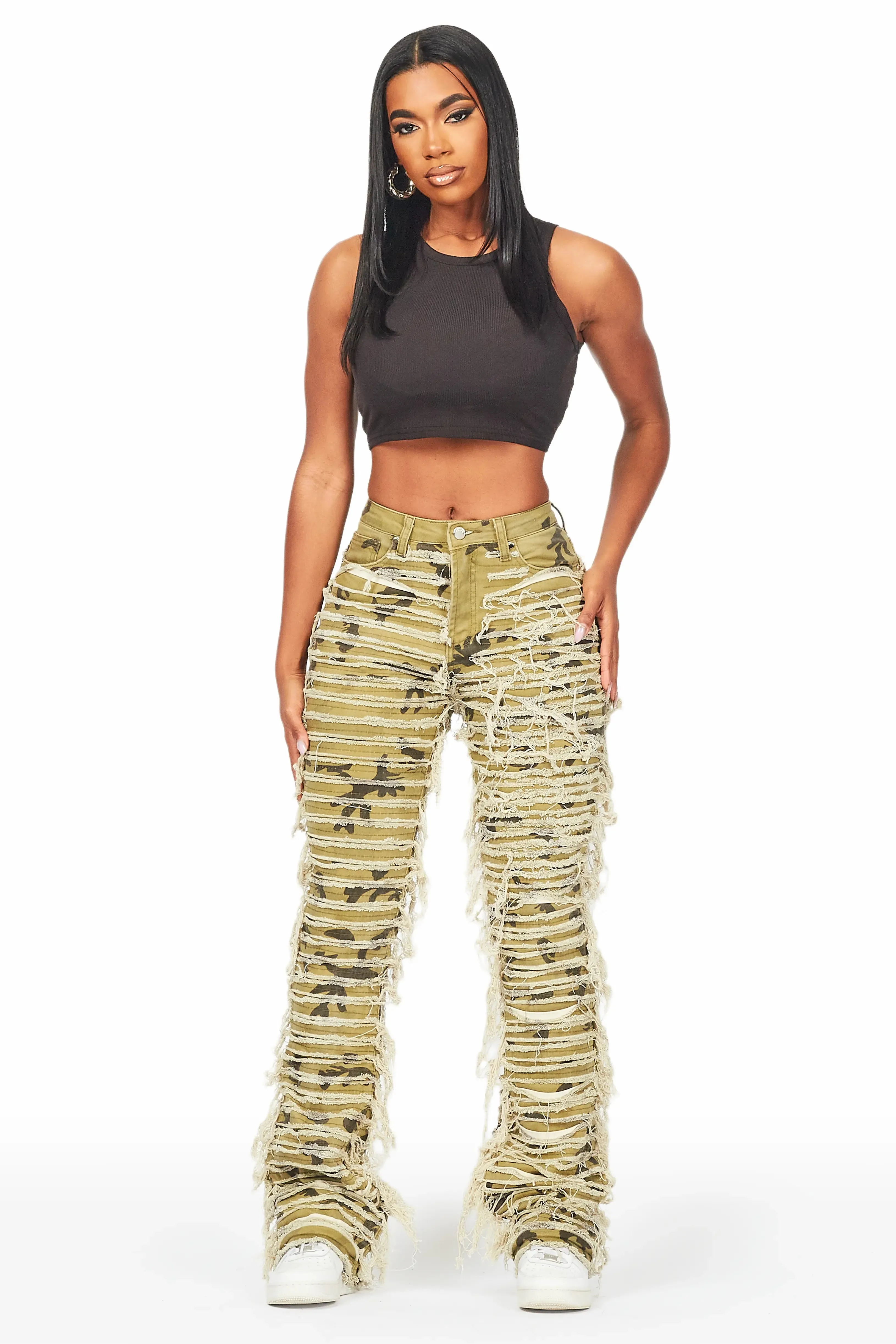 Melany Olive Stacked Flared Jean