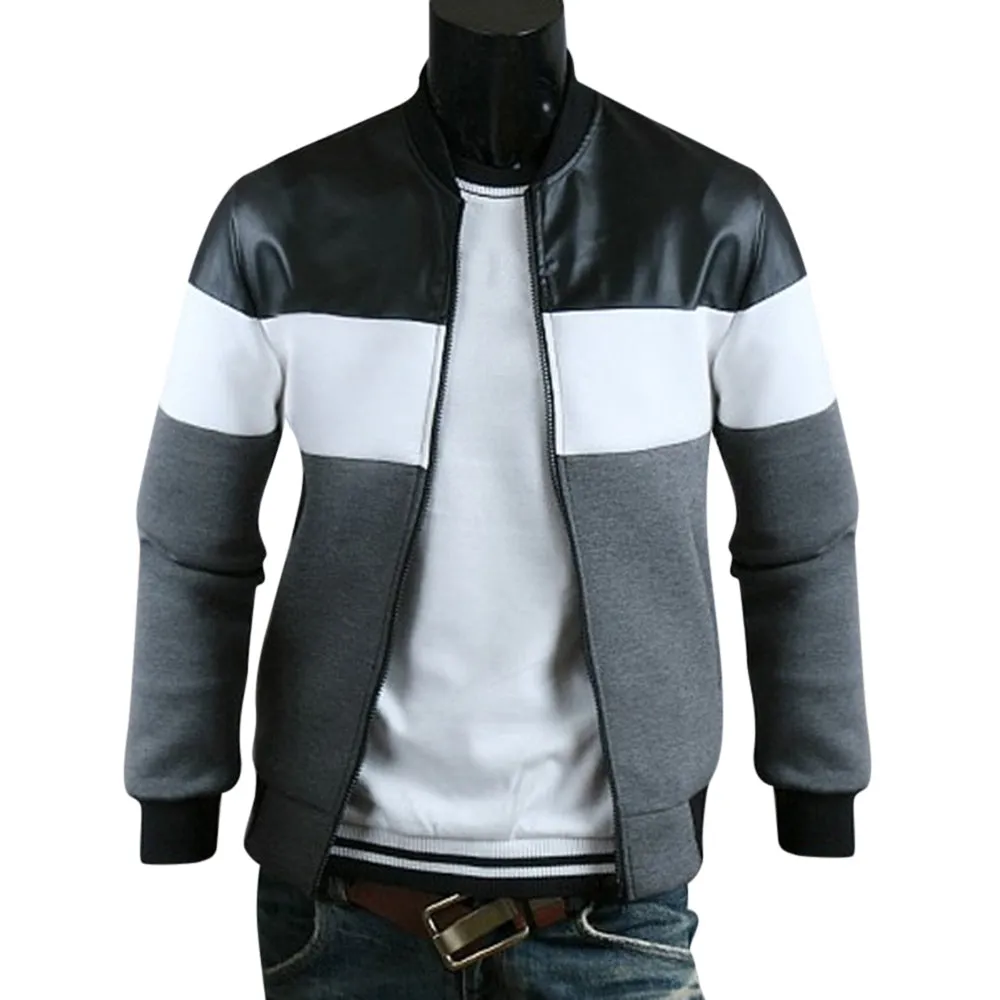 Men's Classic Color Block PU Leather Spliced Rib Hem Stand Collar Long Sleeves Slimming Jacket